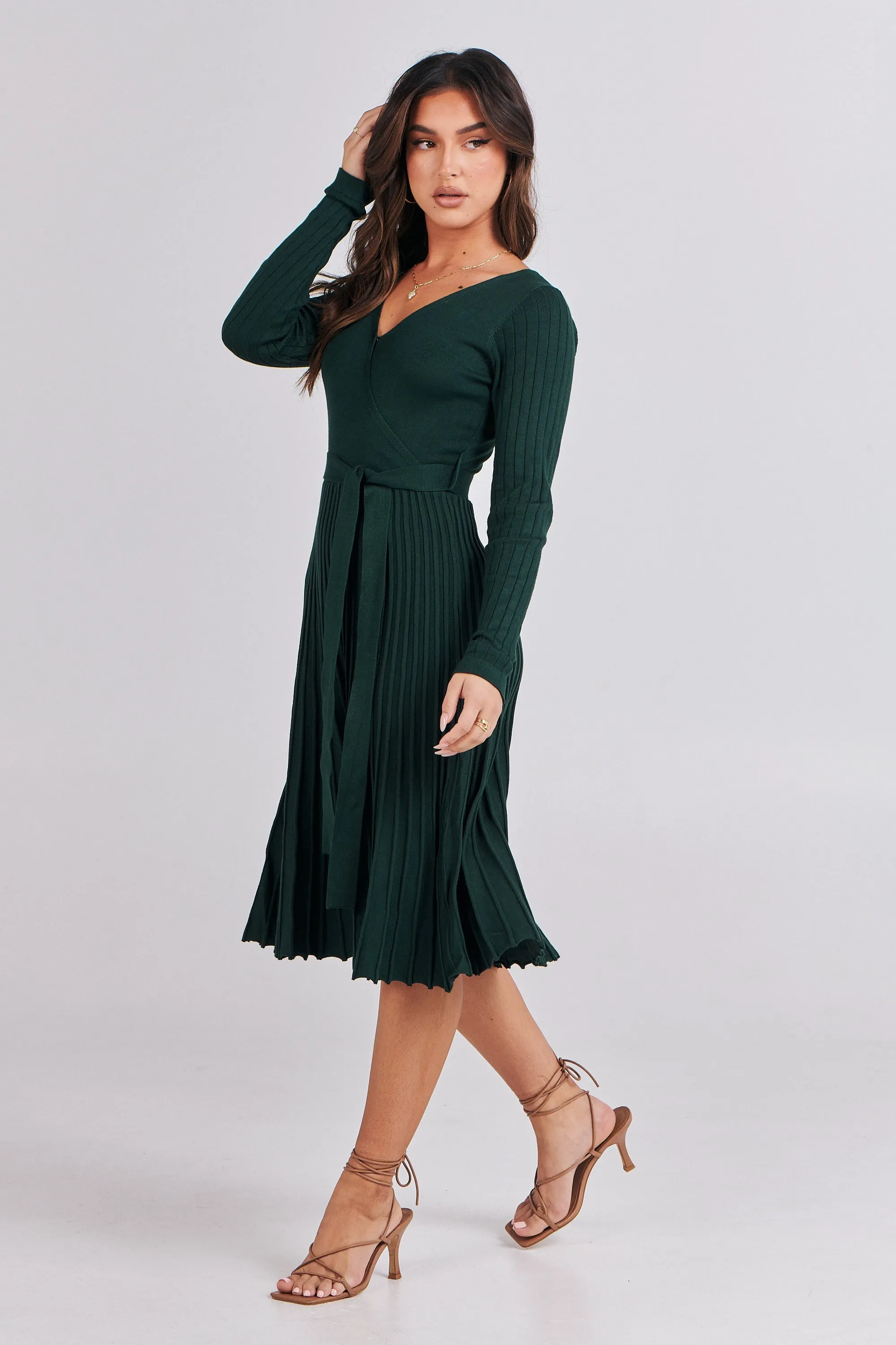 Parker Emerald Long Sleeve Pleated Knit Midi Dress