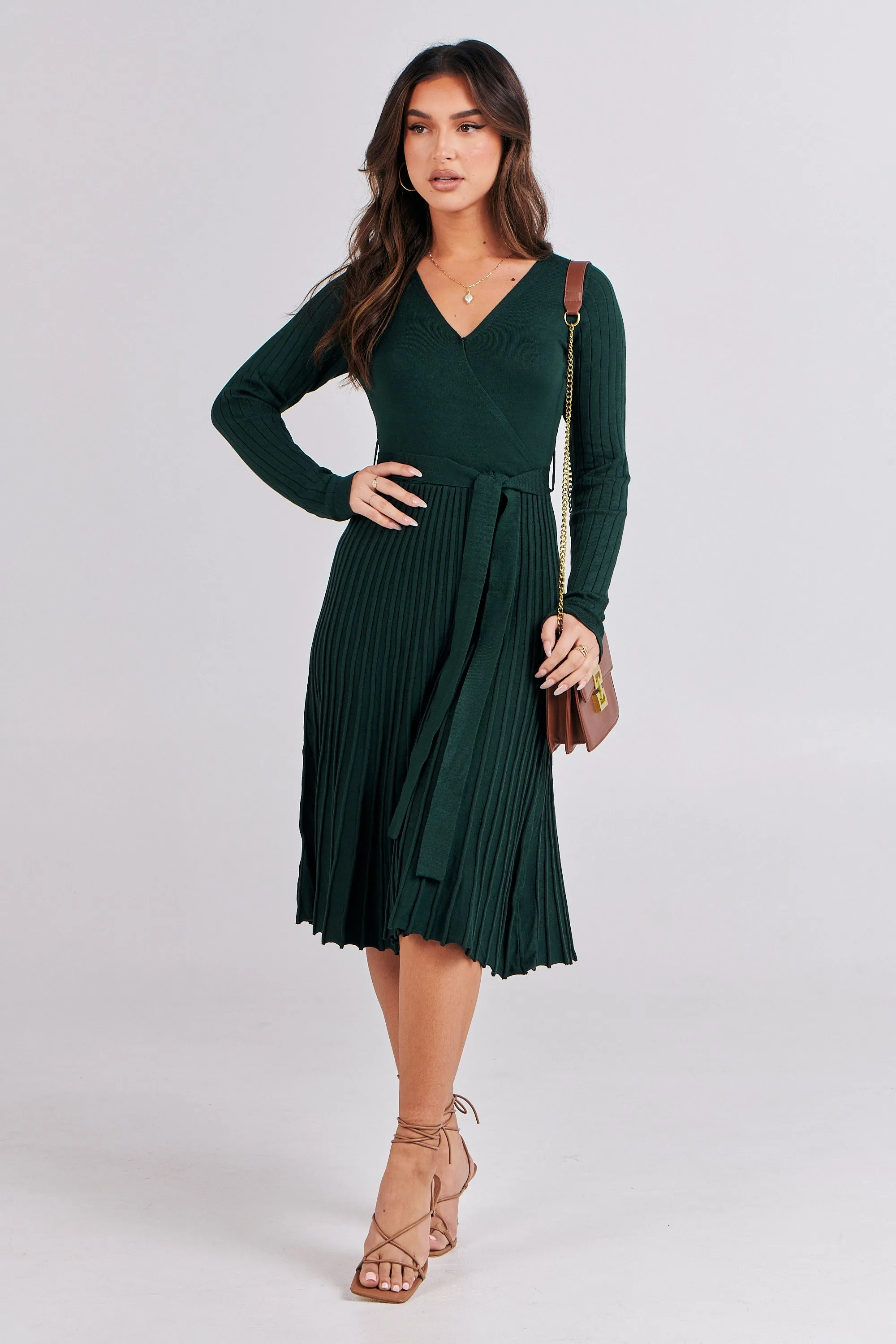 Parker Emerald Long Sleeve Pleated Knit Midi Dress