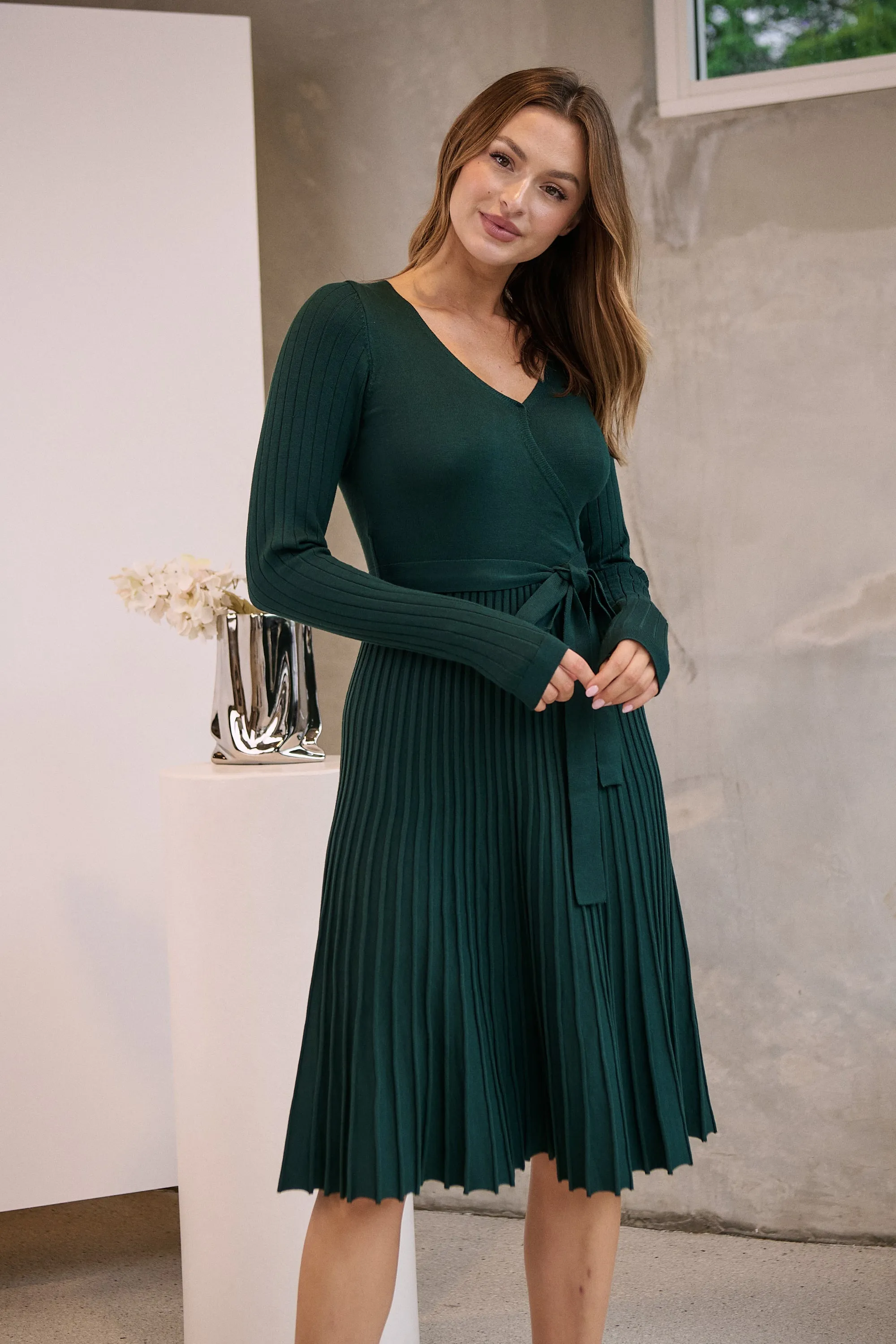 Parker Emerald Long Sleeve Pleated Knit Midi Dress