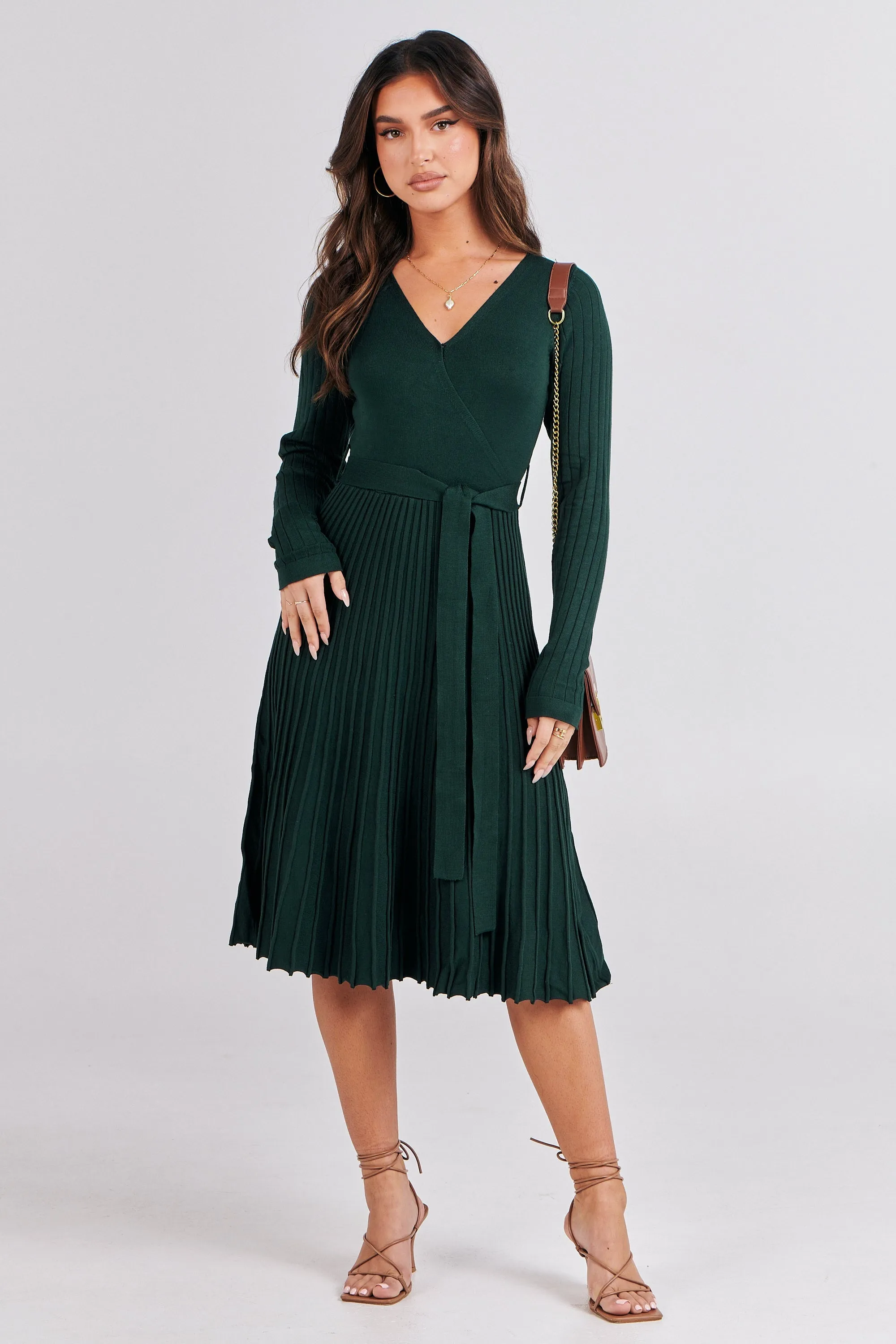 Parker Emerald Long Sleeve Pleated Knit Midi Dress