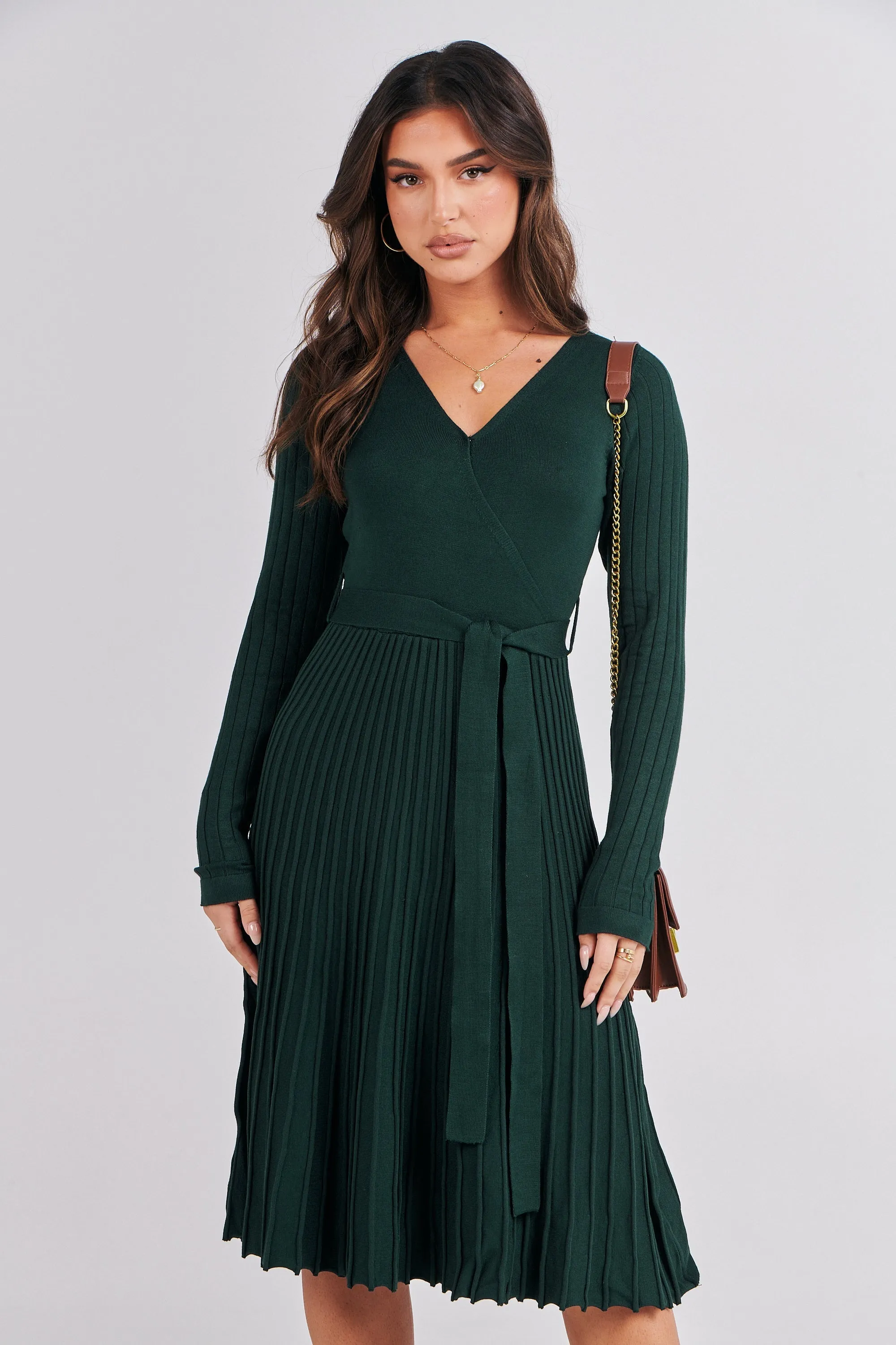 Parker Emerald Long Sleeve Pleated Knit Midi Dress