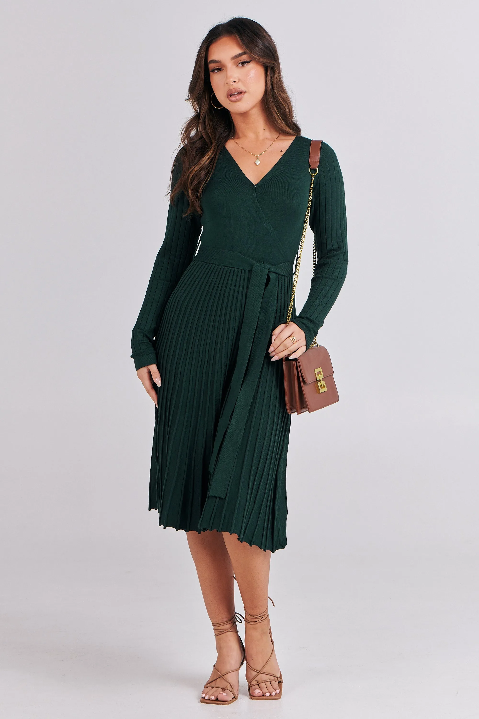 Parker Emerald Long Sleeve Pleated Knit Midi Dress