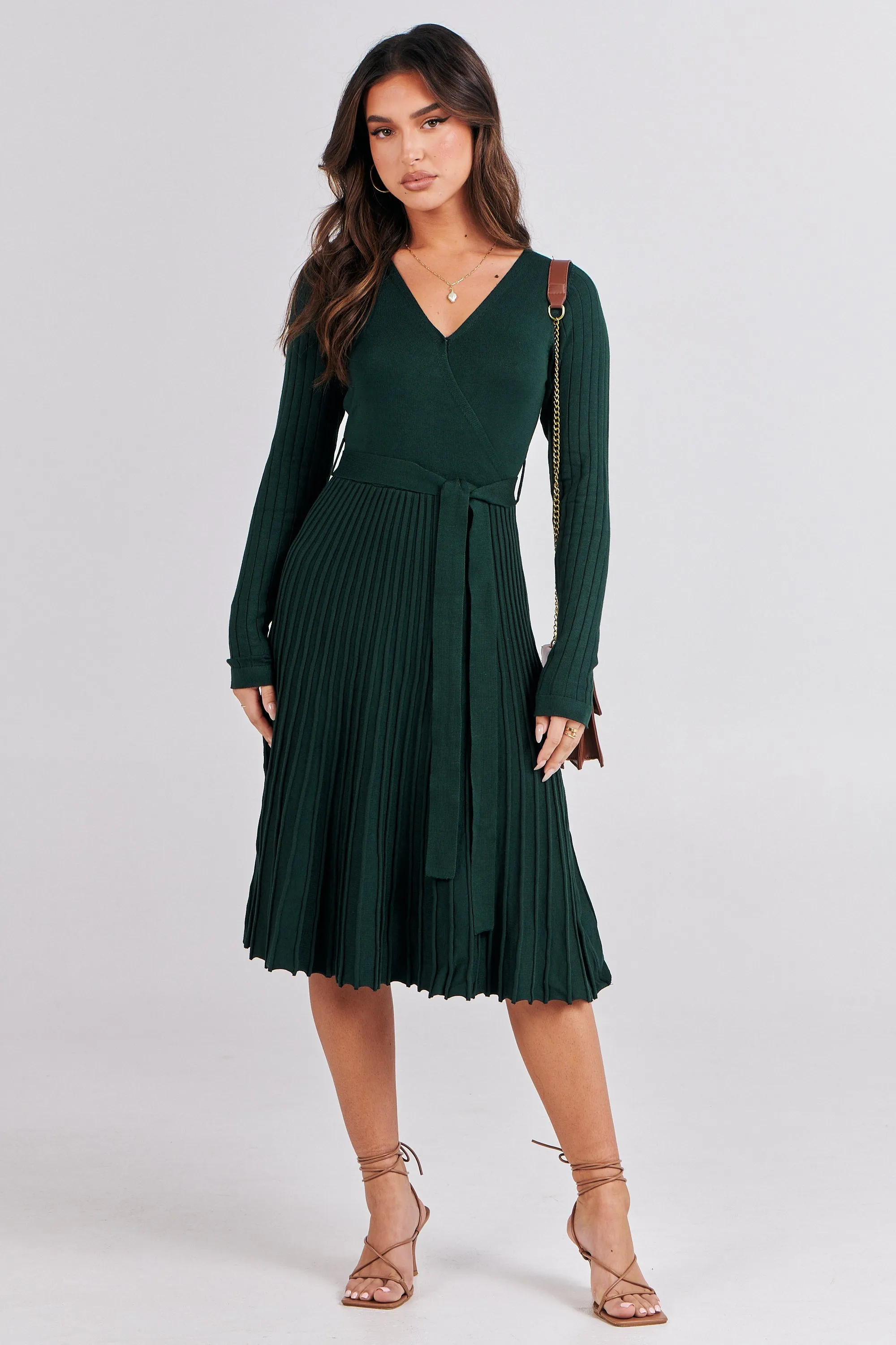 Parker Emerald Long Sleeve Pleated Knit Midi Dress