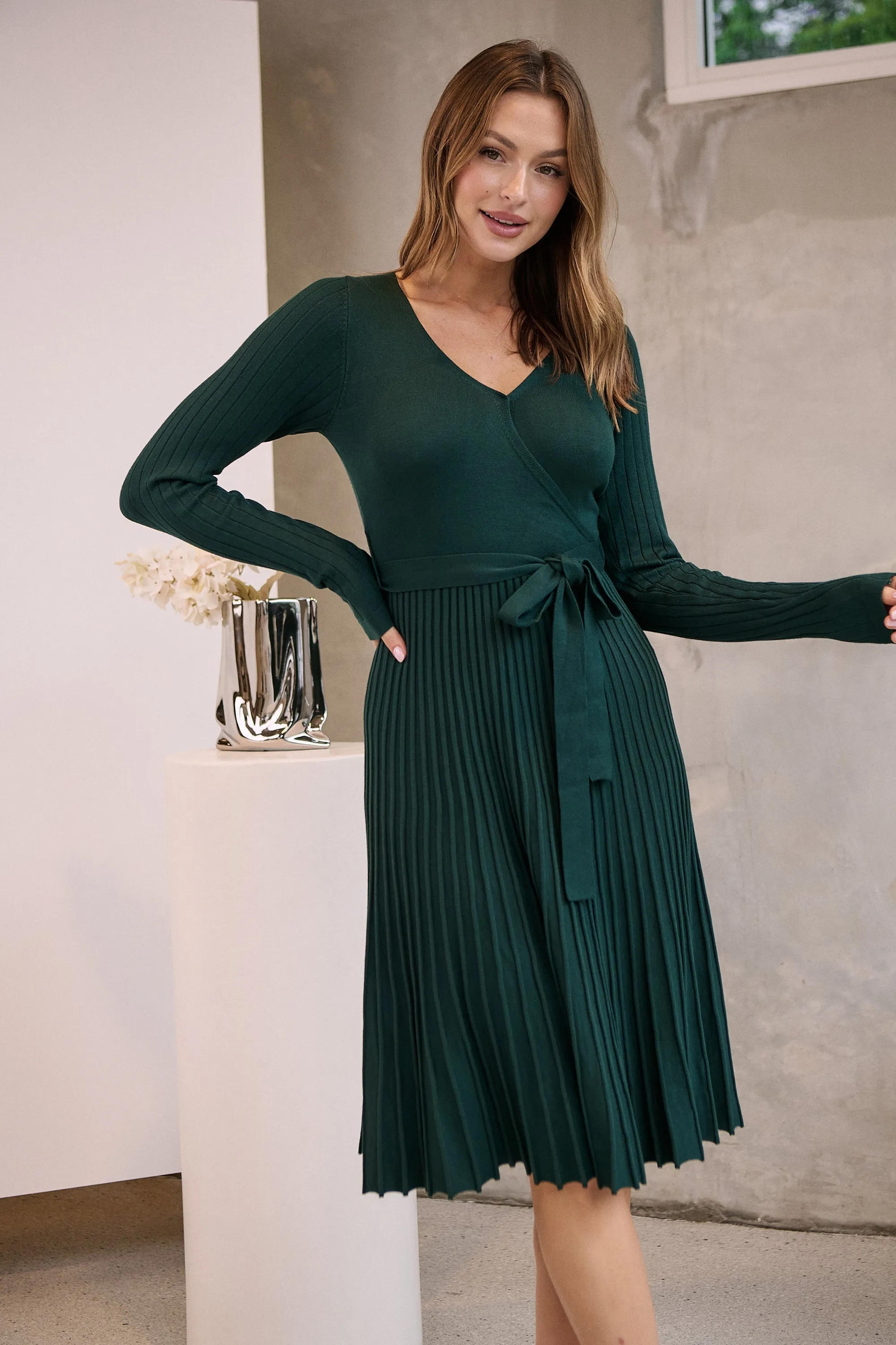 Parker Emerald Long Sleeve Pleated Knit Midi Dress