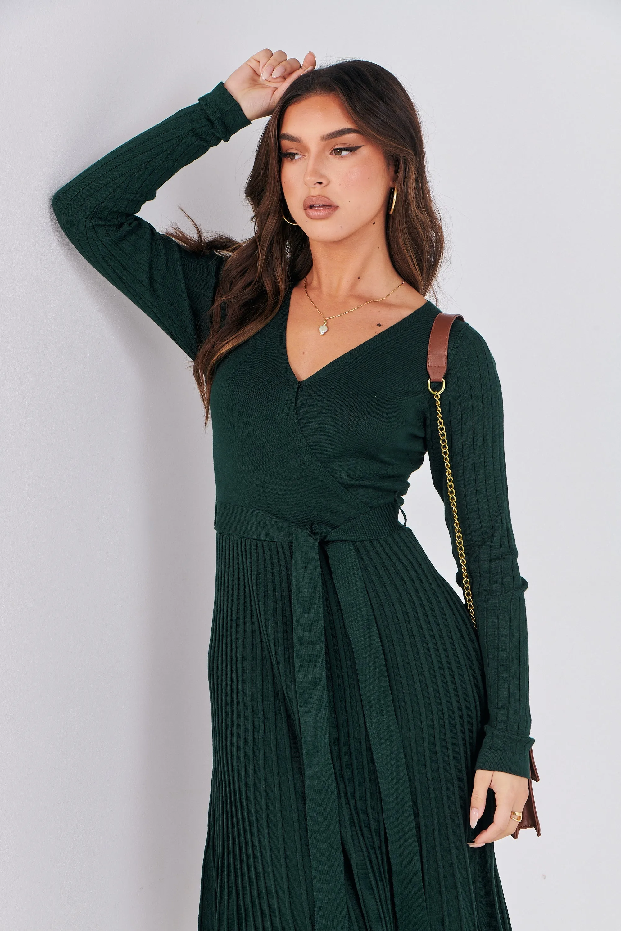 Parker Emerald Long Sleeve Pleated Knit Midi Dress