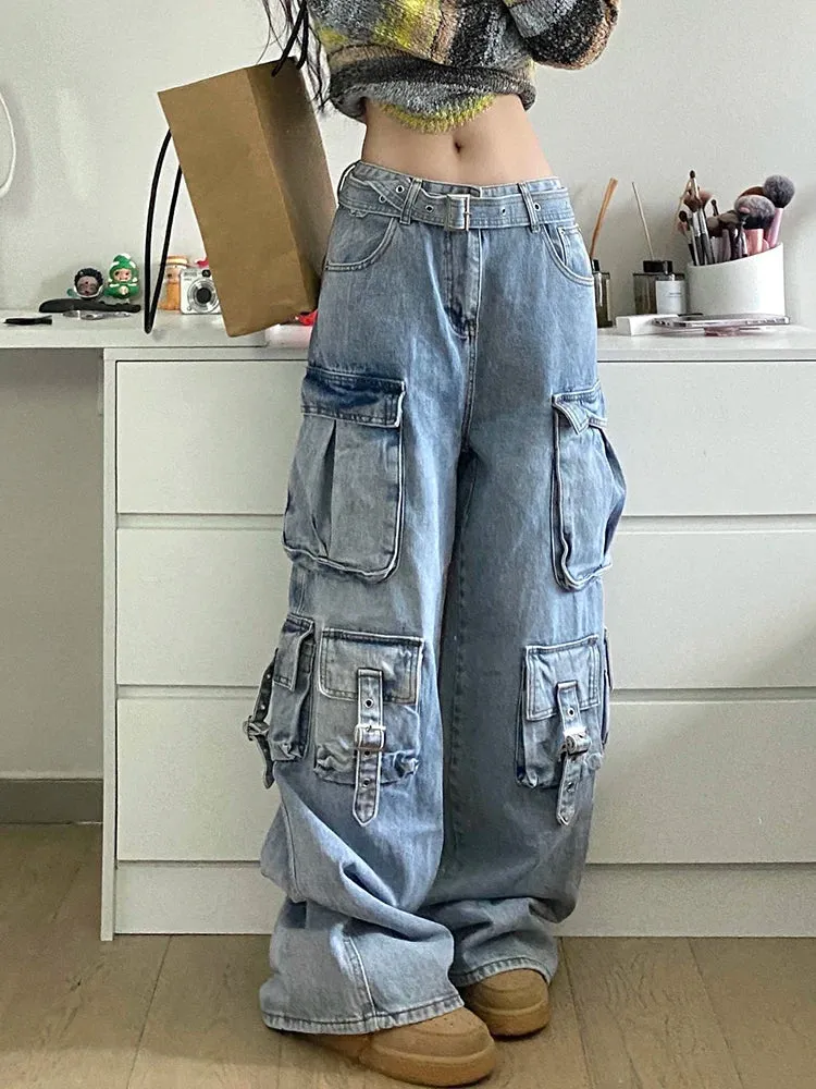 Patchwork Pockets Casual Loose Denim Pants For Women High Waist Spliced Belt Streetwear Cargo Jeans Female Fashion