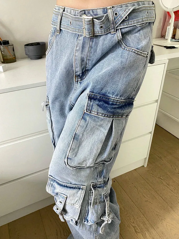 Patchwork Pockets Casual Loose Denim Pants For Women High Waist Spliced Belt Streetwear Cargo Jeans Female Fashion