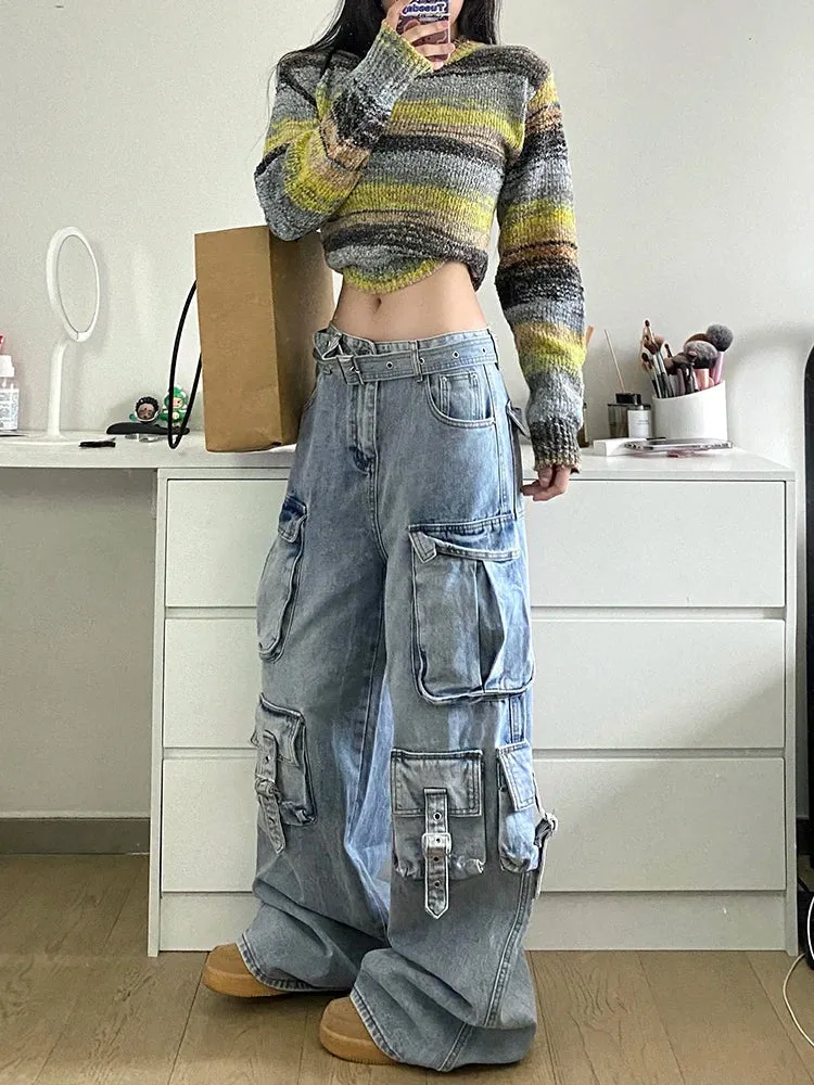 Patchwork Pockets Casual Loose Denim Pants For Women High Waist Spliced Belt Streetwear Cargo Jeans Female Fashion