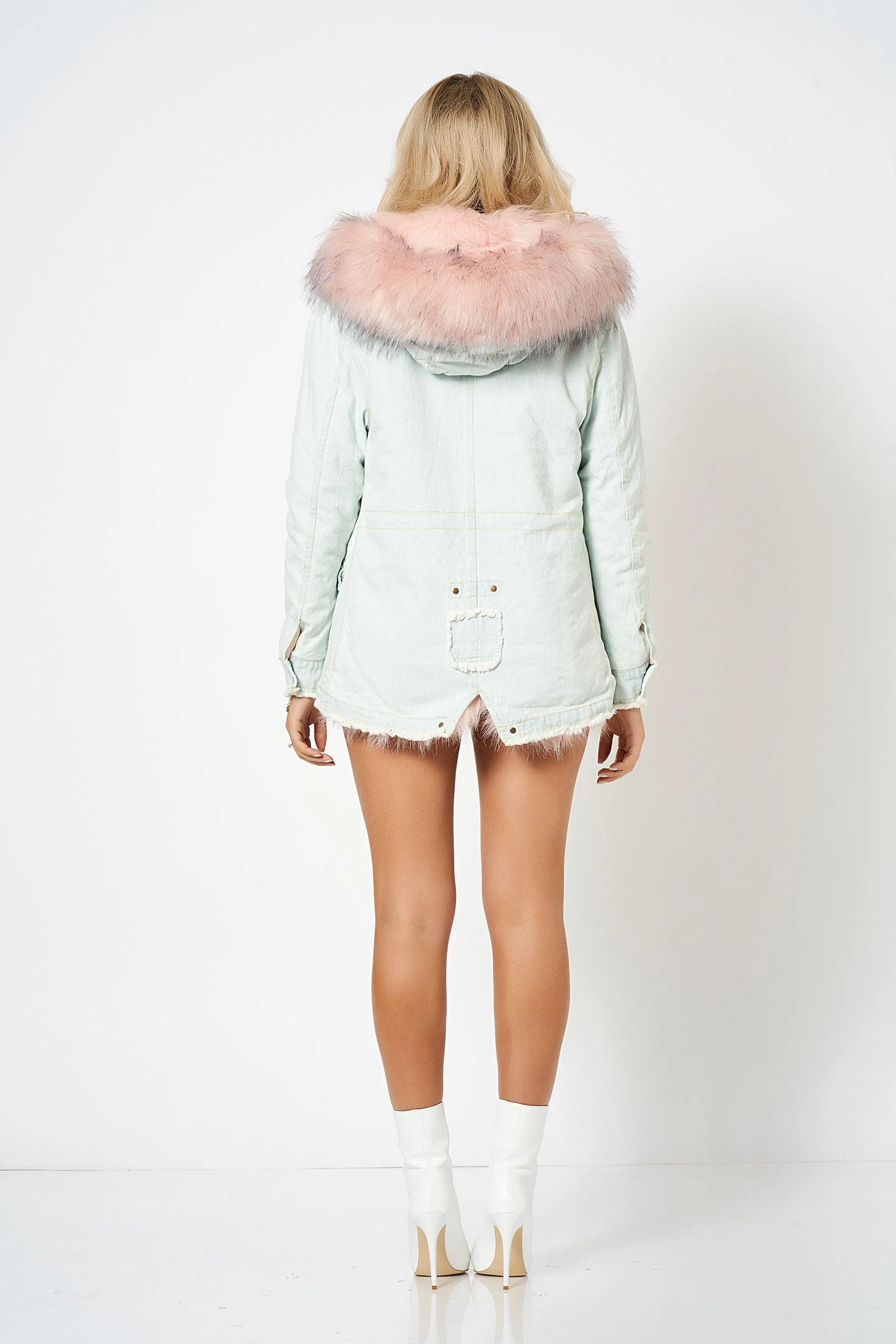 Pink Faux Fur Lined Denim Parka Jacket