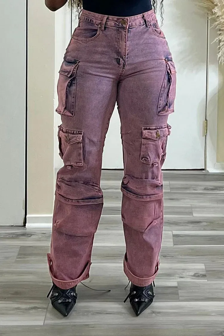 Plus Size Pink Daily Hight Waist Pockets Denim Cargo Pants