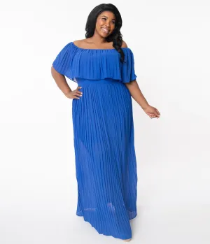 Plus Size Royal Blue Off Shoulder Pleated Maxi Dress