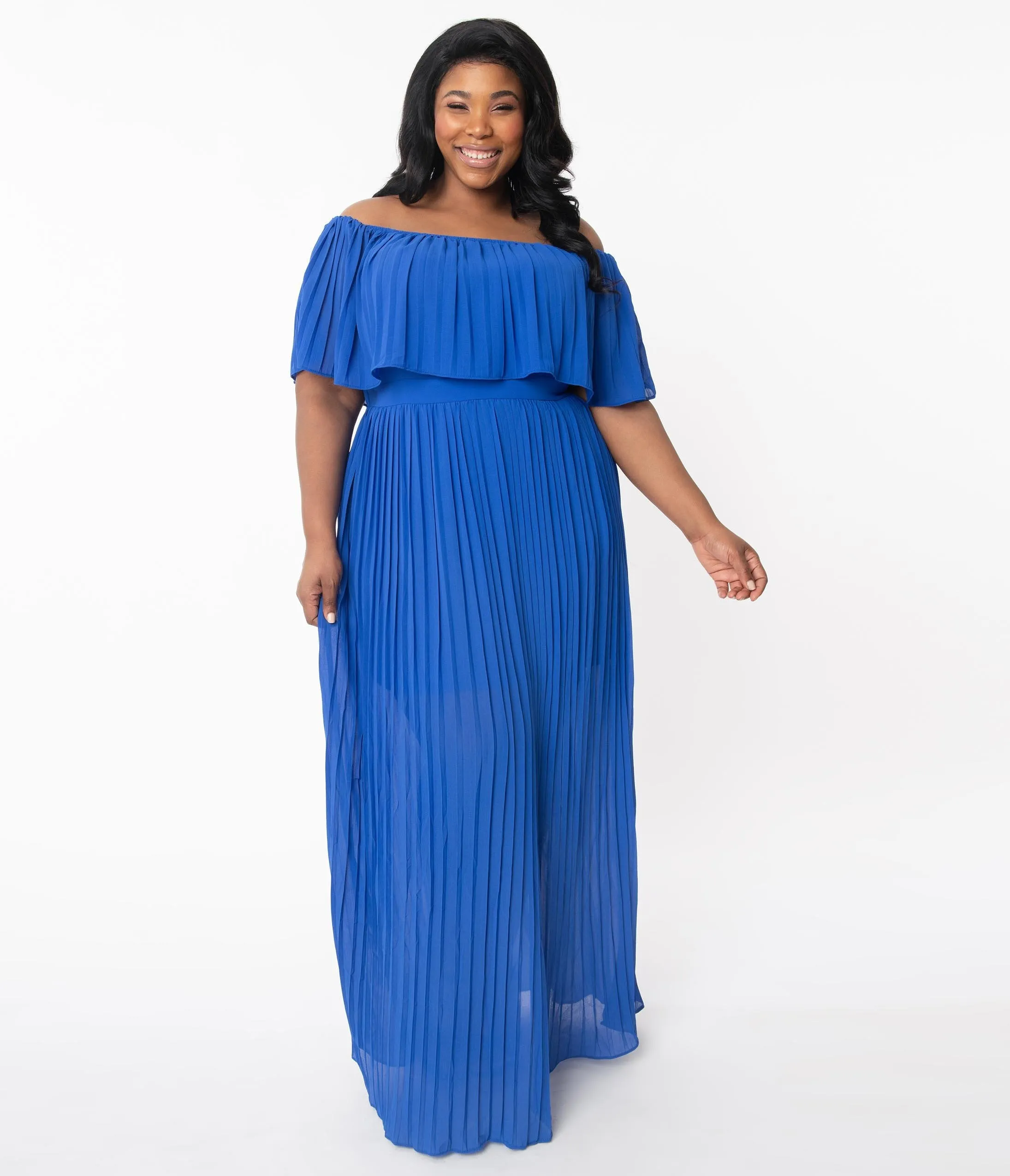 Plus Size Royal Blue Off Shoulder Pleated Maxi Dress