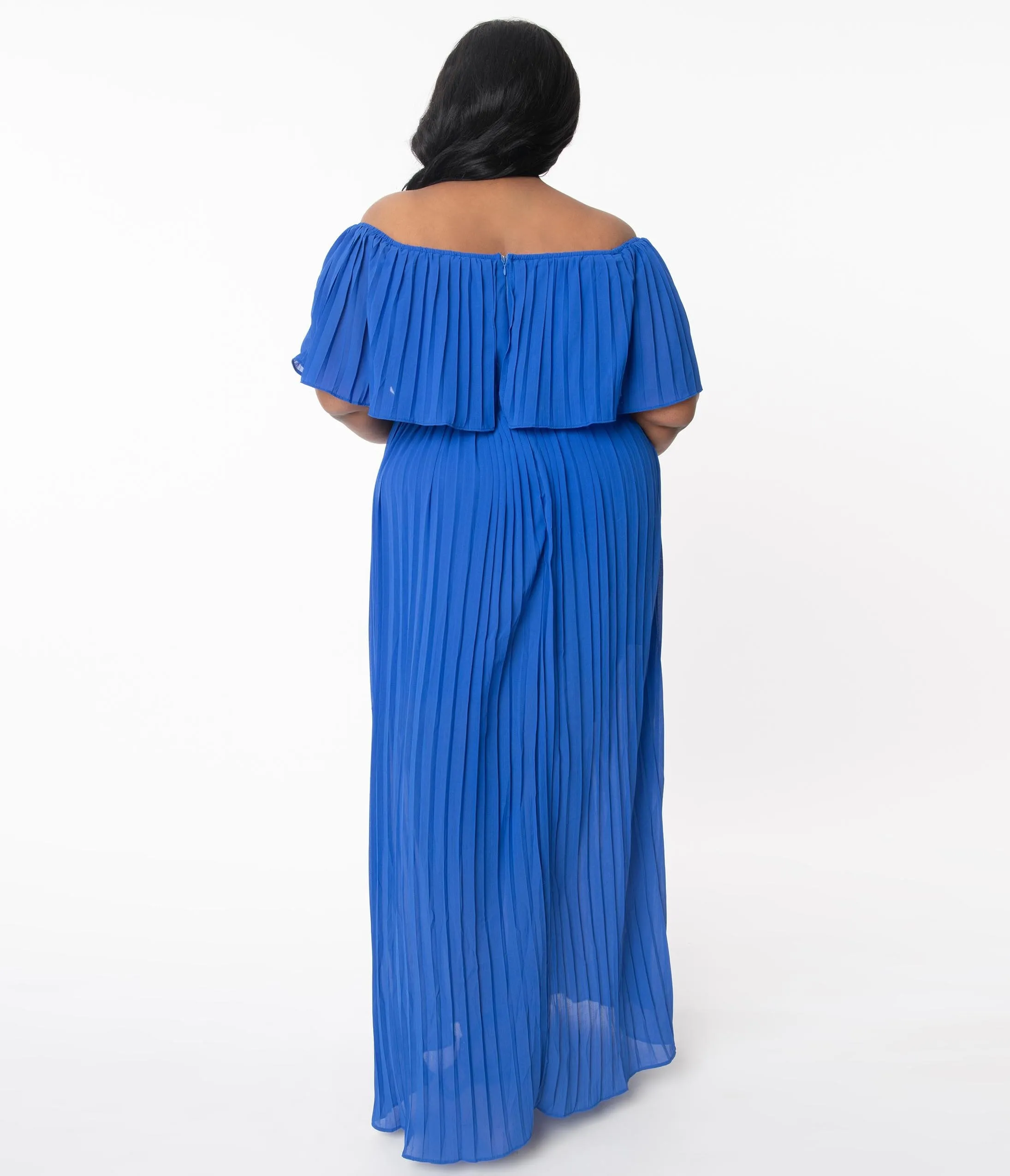 Plus Size Royal Blue Off Shoulder Pleated Maxi Dress