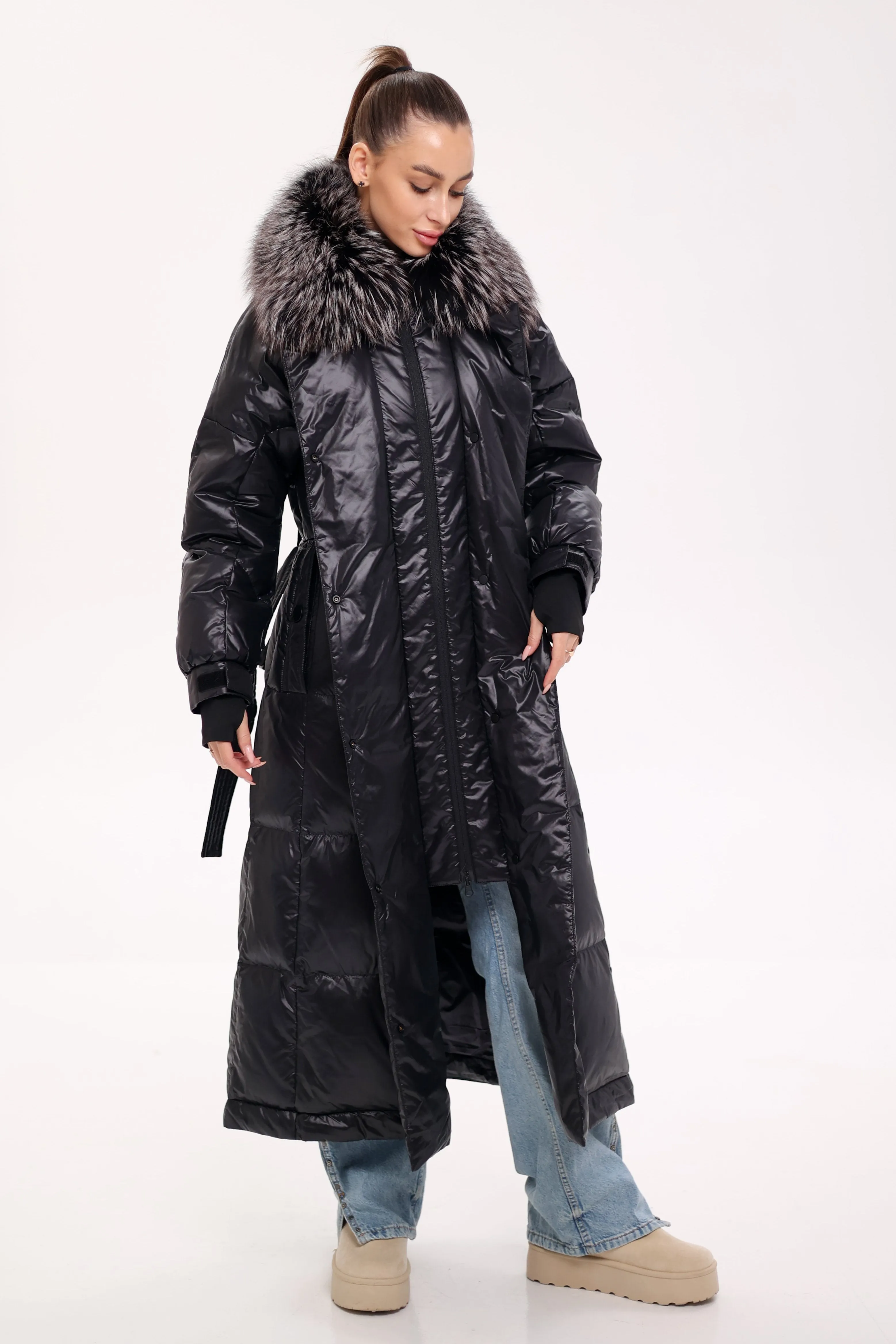 Pre-order. Ships November 20. Genuine Silver Fox Fur Trim Down Fill Coat