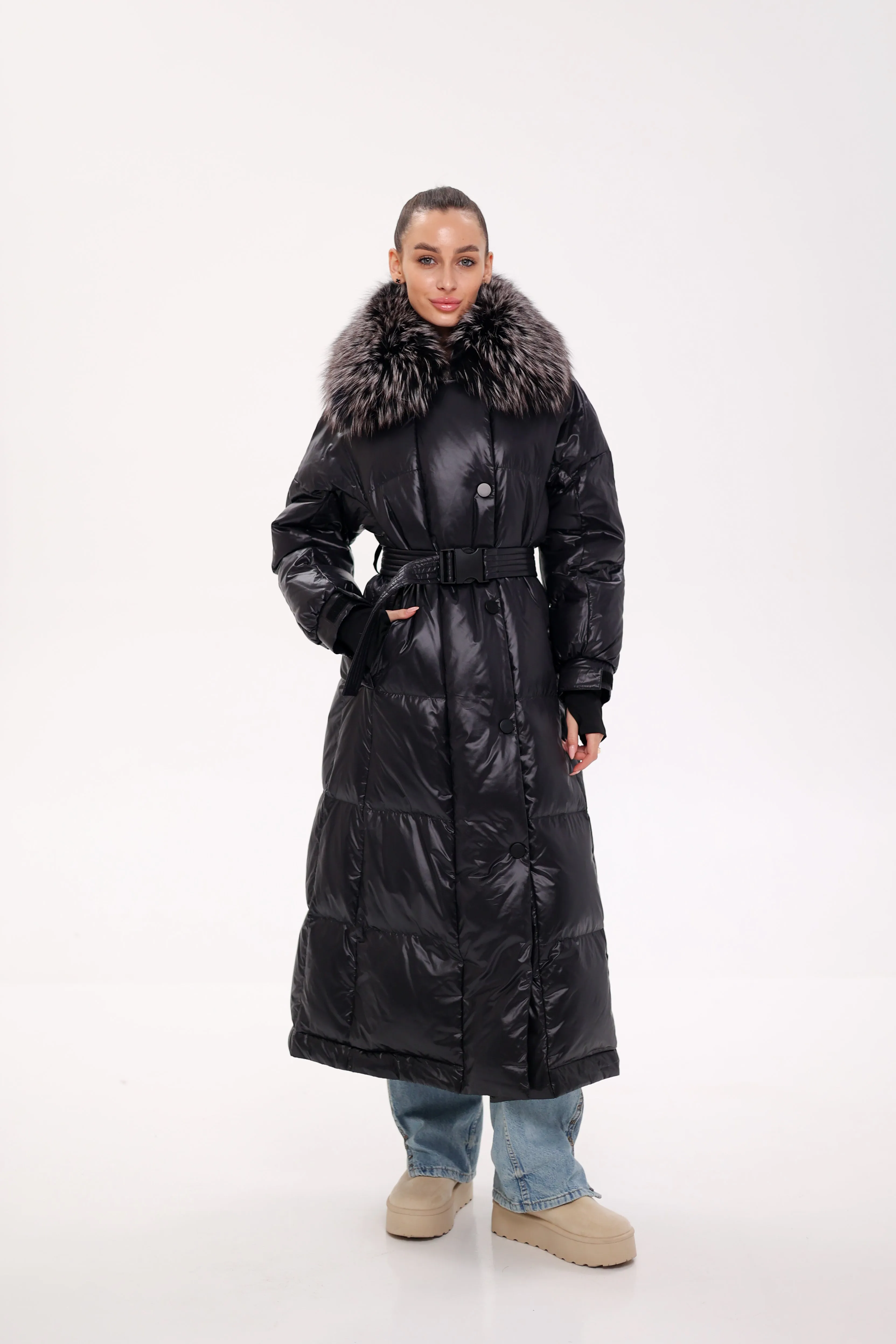 Pre-order. Ships November 20. Genuine Silver Fox Fur Trim Down Fill Coat