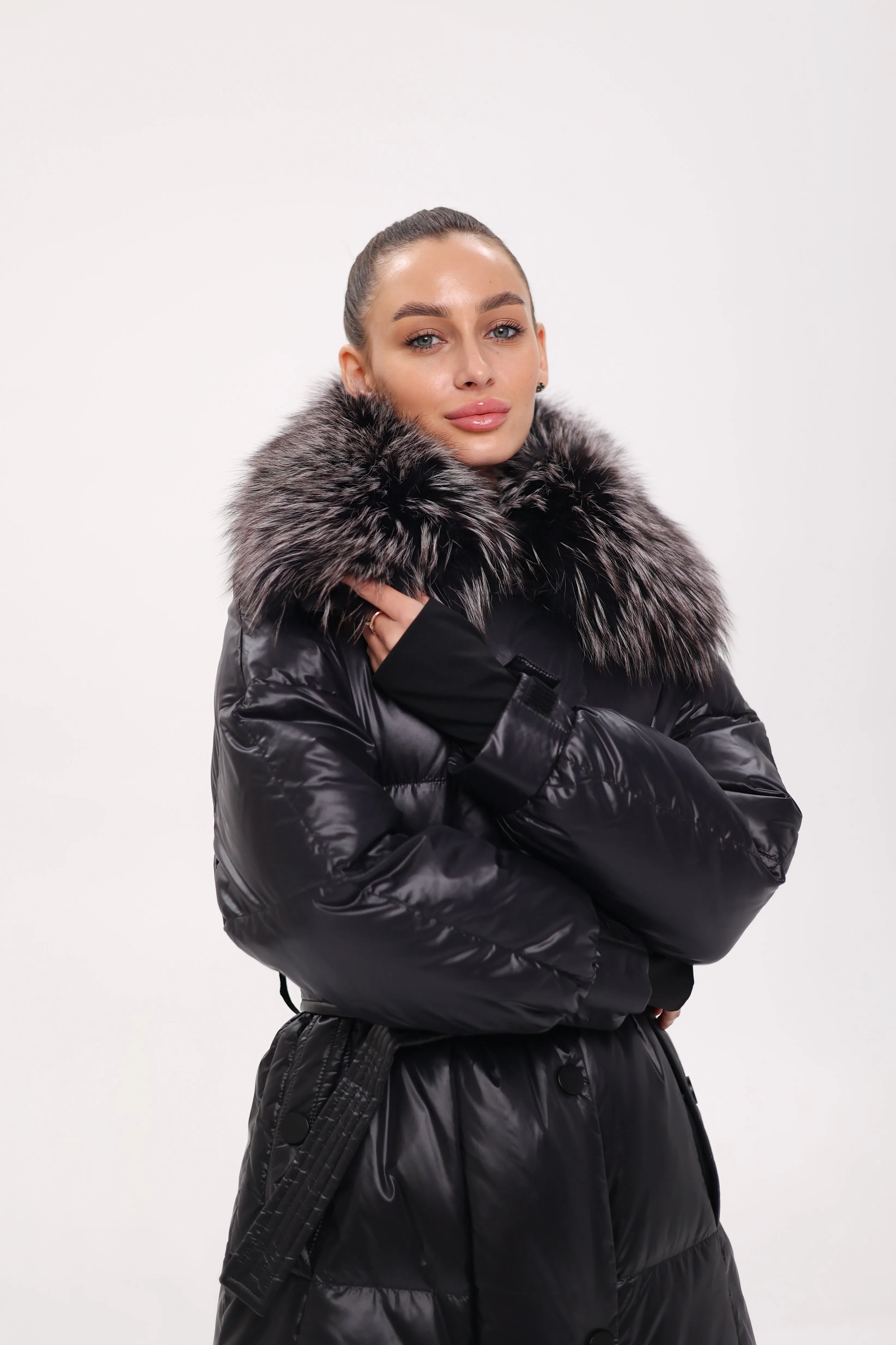 Pre-order. Ships November 20. Genuine Silver Fox Fur Trim Down Fill Coat