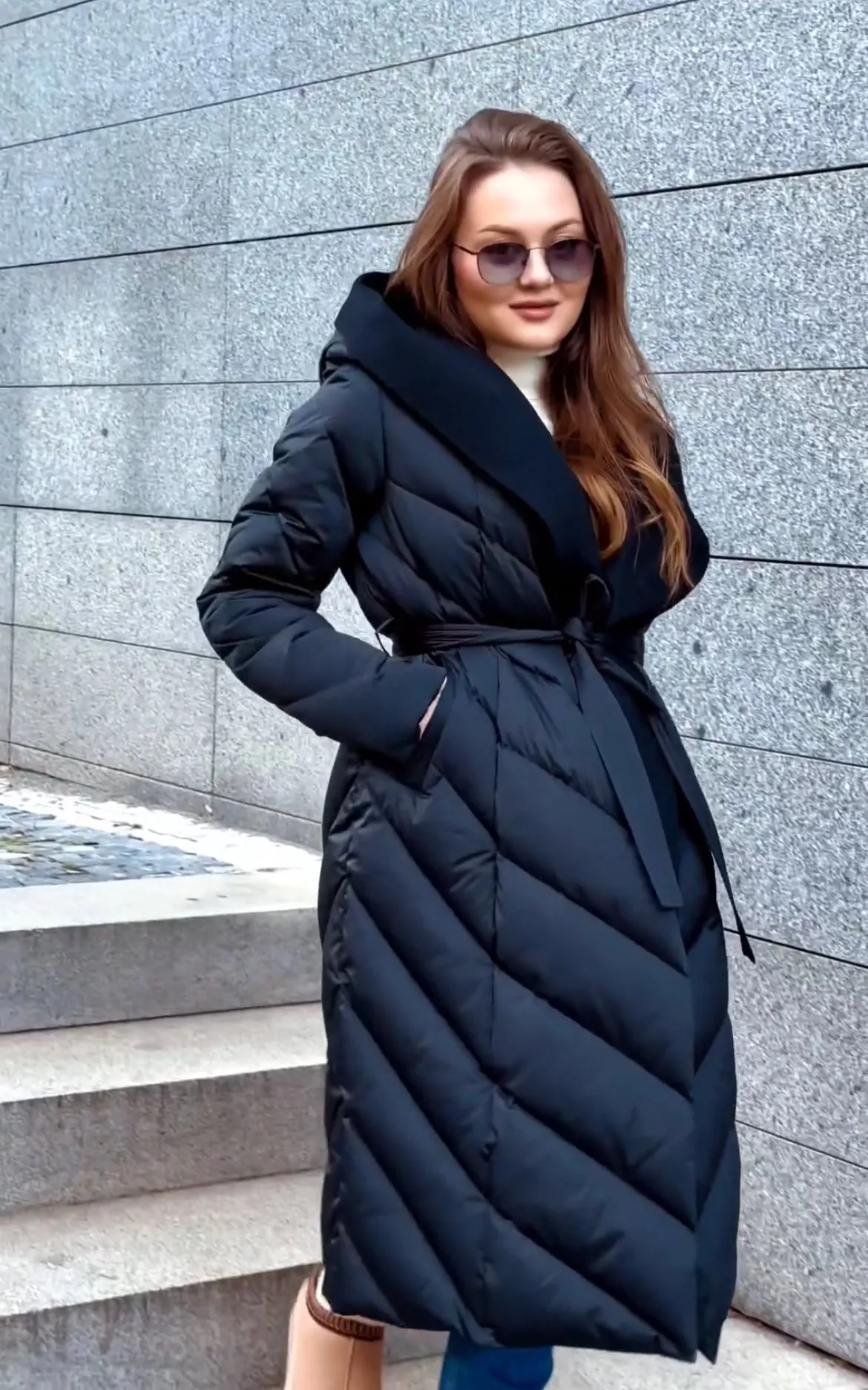 Premium Down Double Hood Belted Coat