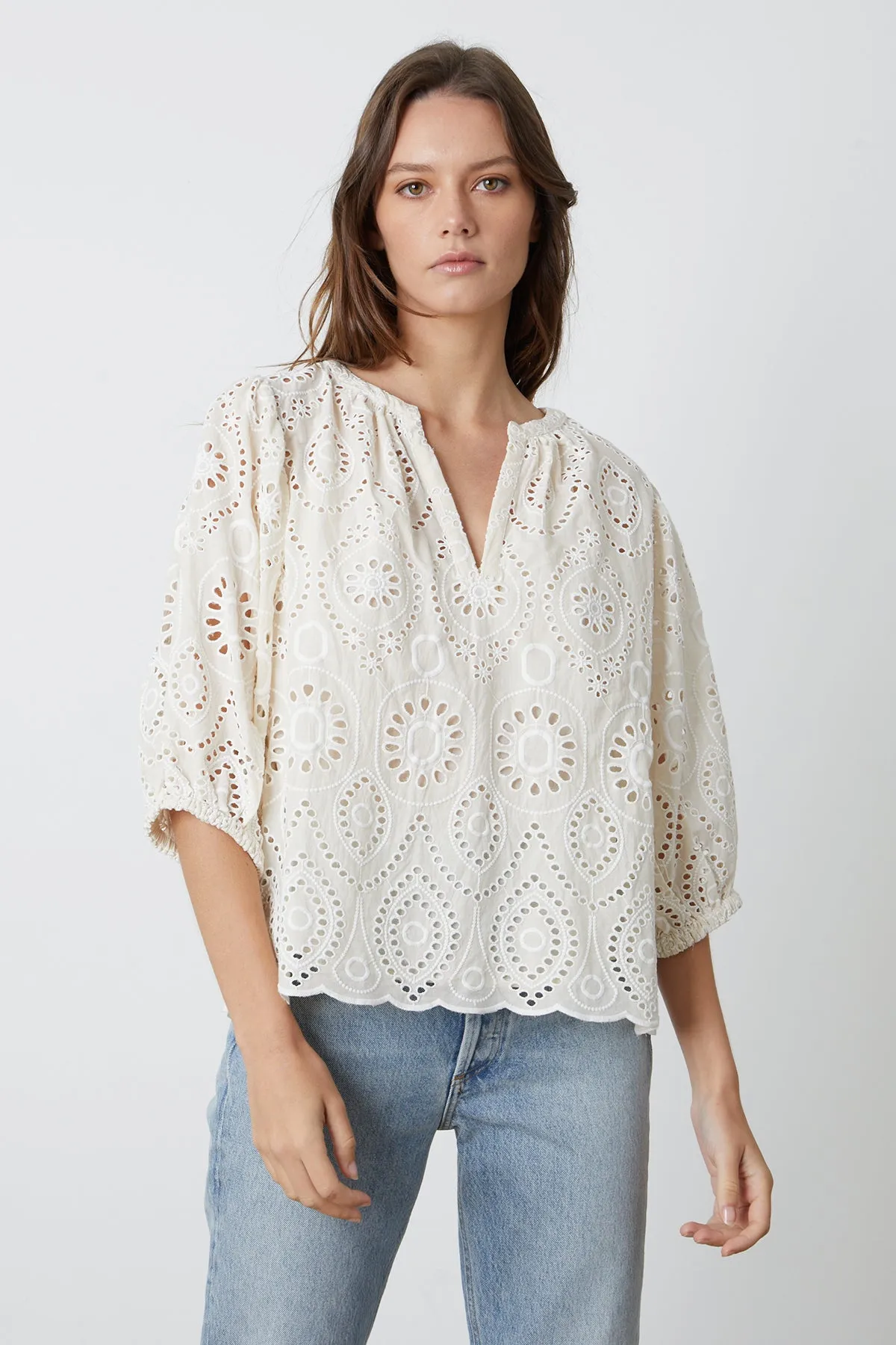 QUINN EYELET V-NECK TOP