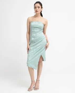 Rareism Women Krakow Light Blue Polyester Fabric Sleeveless Tube Neck Zipper Closure Textured Bodycon Knee Length Dress