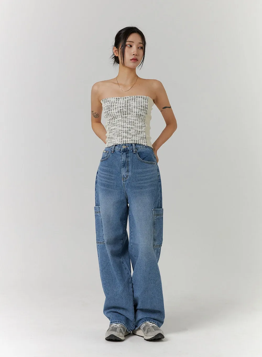 Recycled Polyester Cargo Washed Wide Leg Jeans CD314