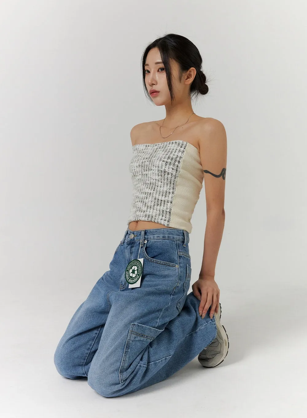 Recycled Polyester Cargo Washed Wide Leg Jeans CD314