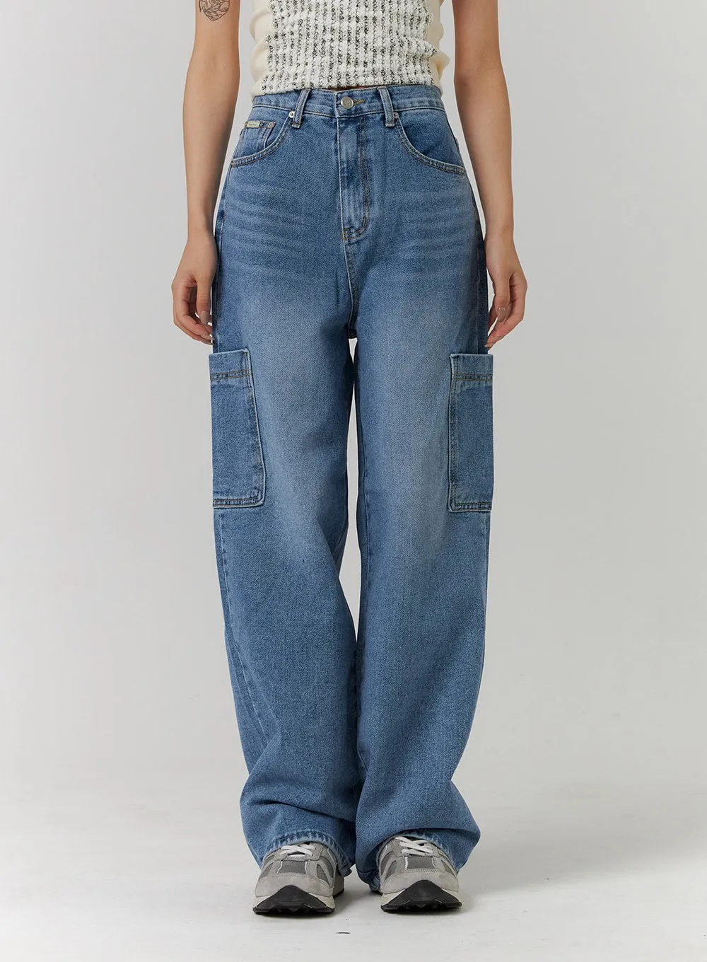 Recycled Polyester Cargo Washed Wide Leg Jeans CD314