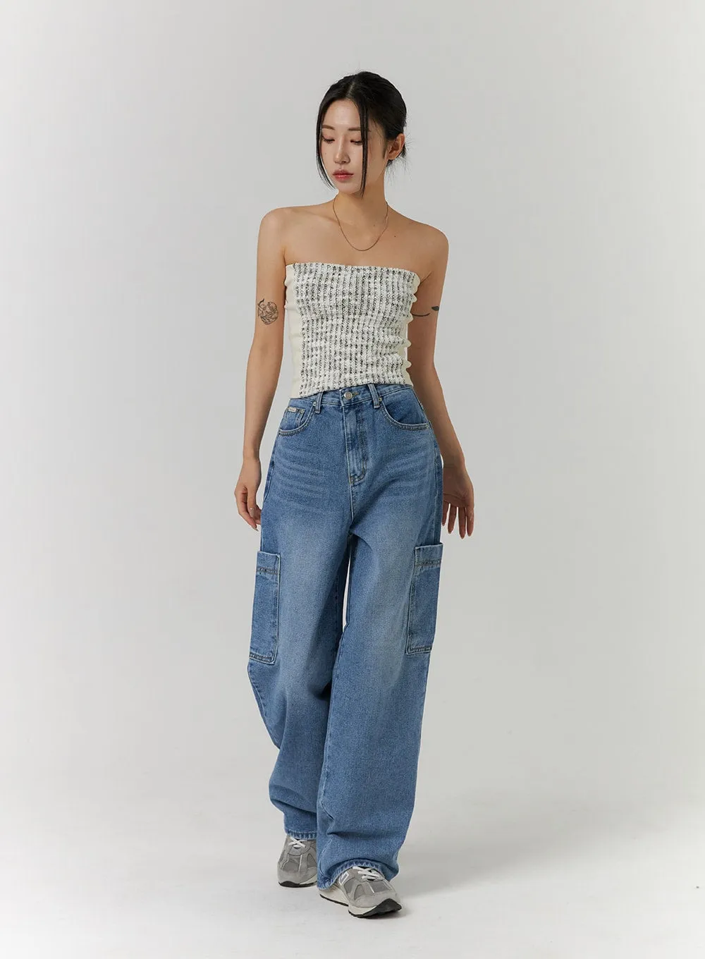 Recycled Polyester Cargo Washed Wide Leg Jeans CD314