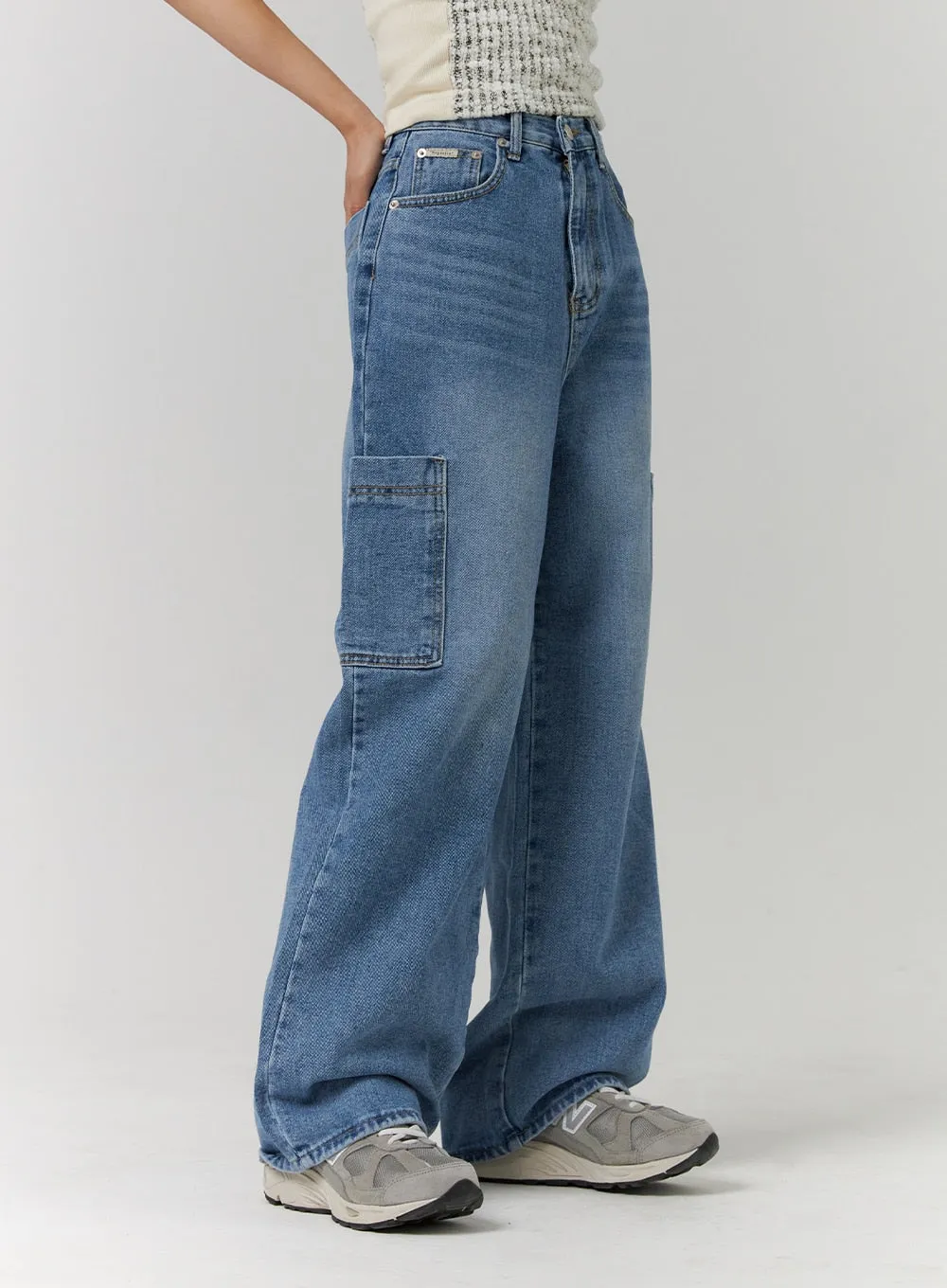 Recycled Polyester Cargo Washed Wide Leg Jeans CD314