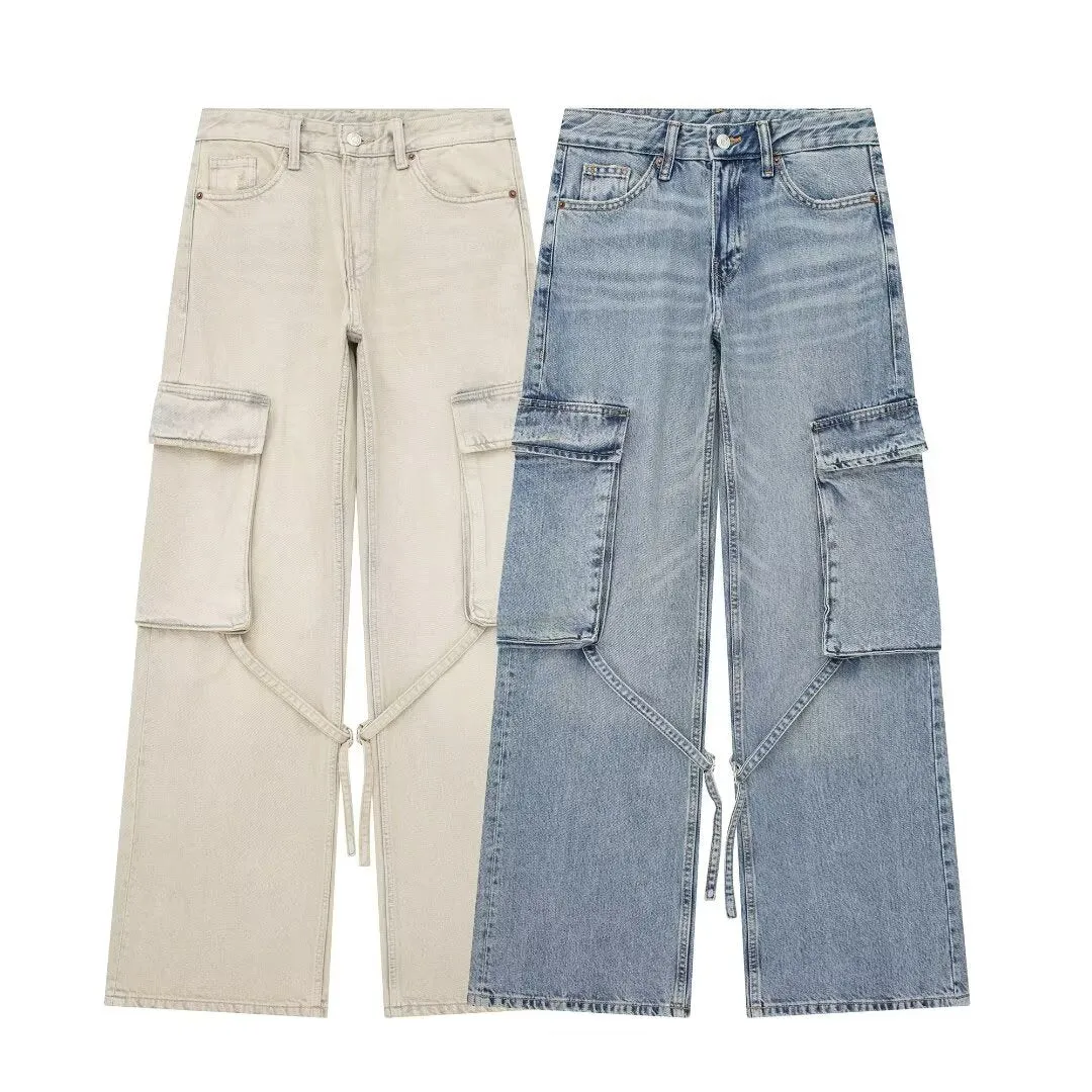 Retro Heavy Industry Loose Cargo Pants Women Spring Wind Waist Straight Women Jeans