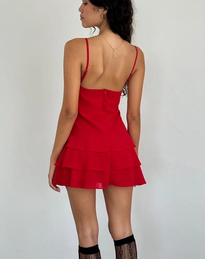 Riasi Ruffle Mini Dress in Chiffon Red