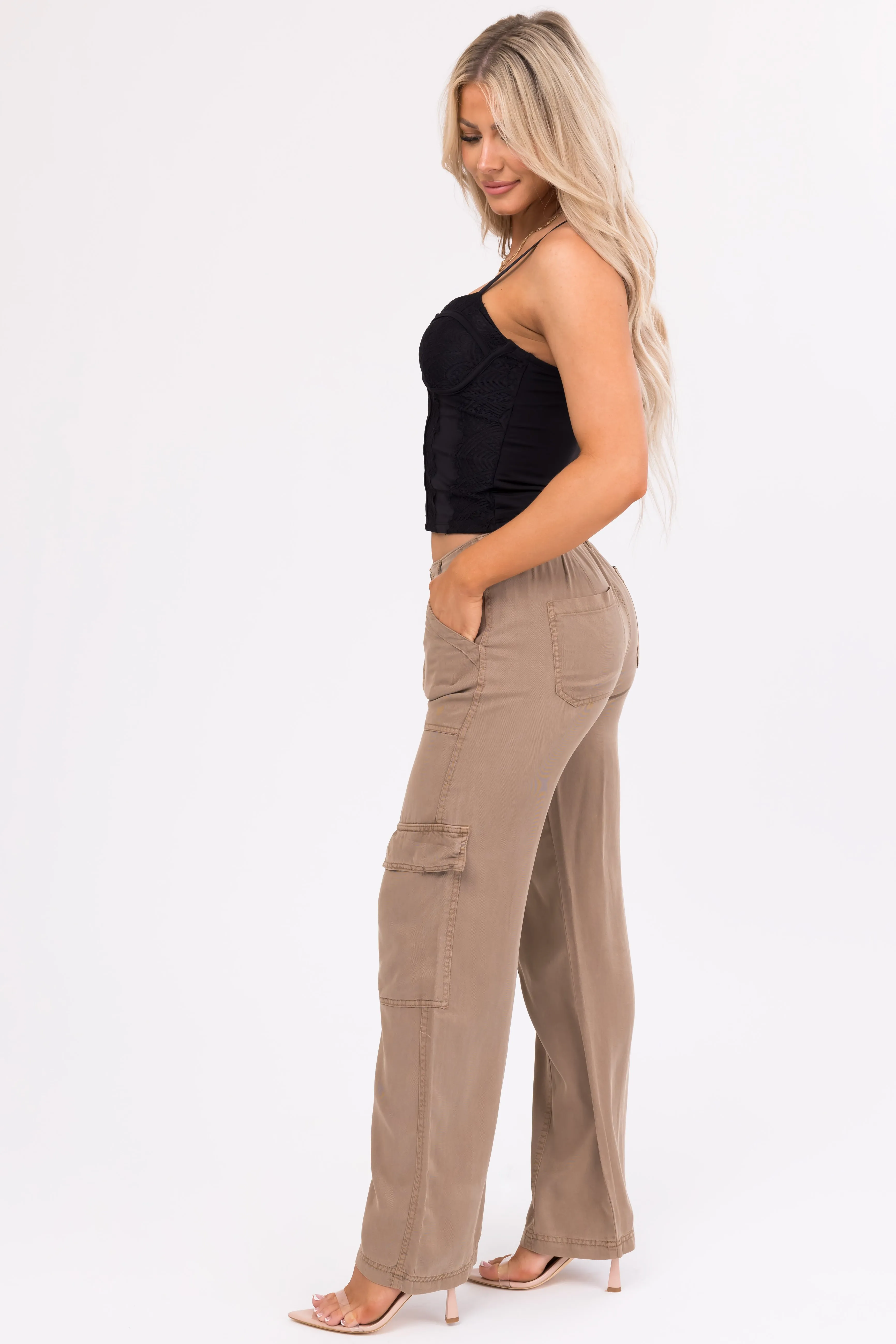 Risen Peanut Wide Leg Tencel Cargo Pants