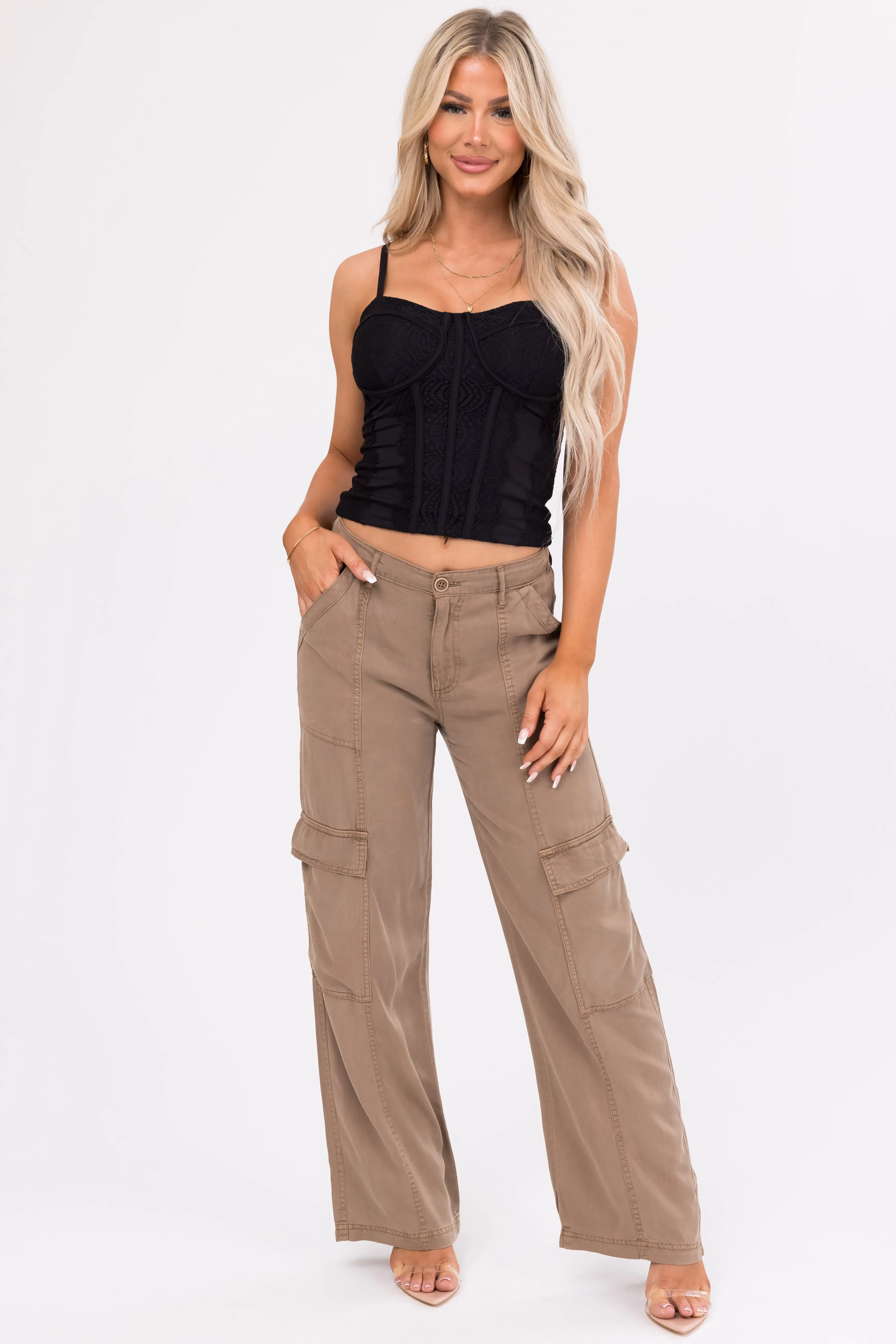 Risen Peanut Wide Leg Tencel Cargo Pants