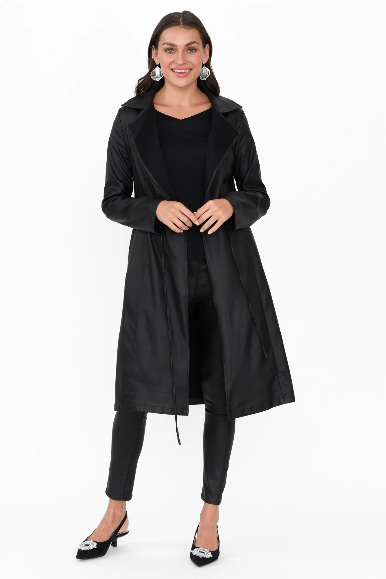 Rois Black Faux Leather Trench Coat