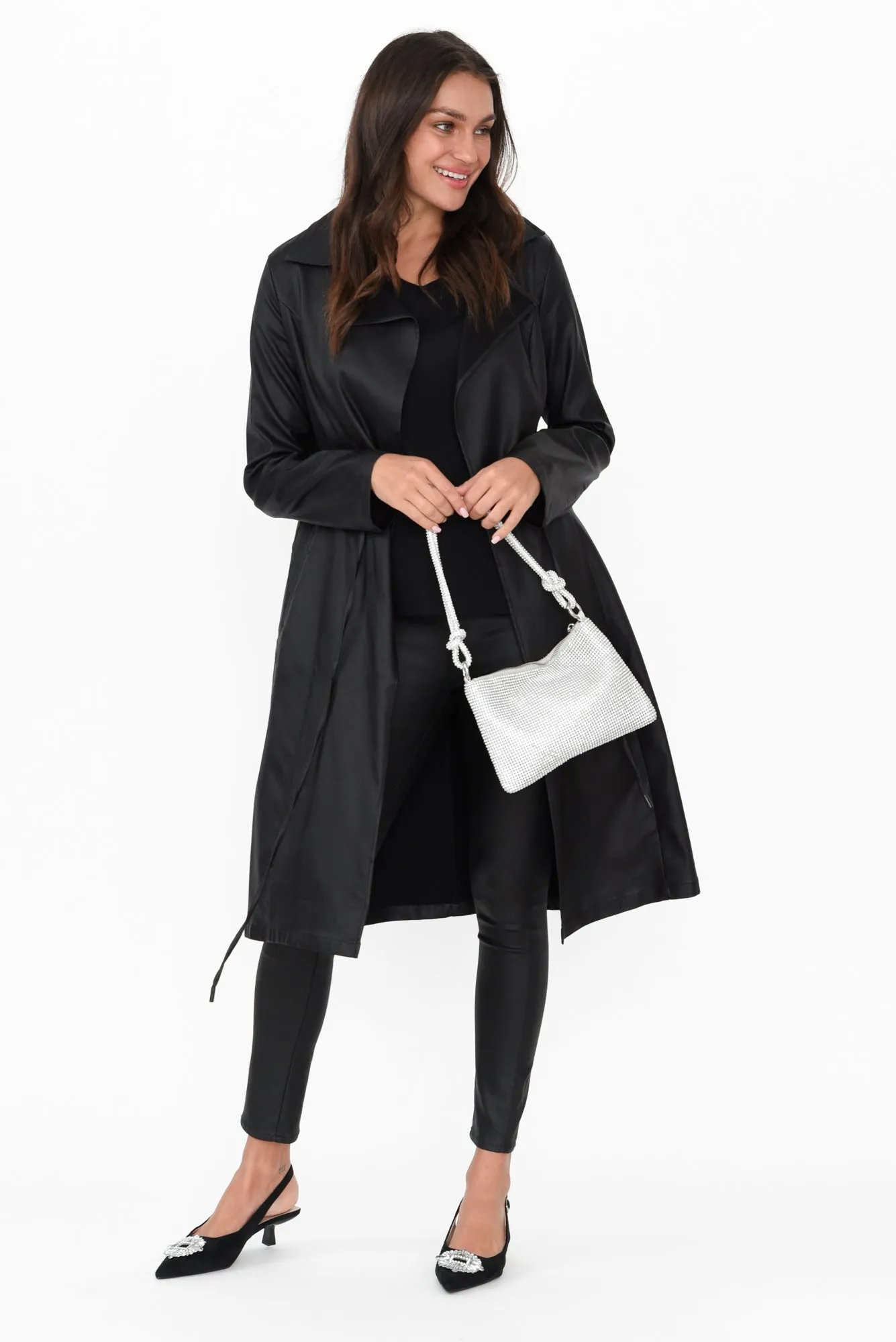 Rois Black Faux Leather Trench Coat