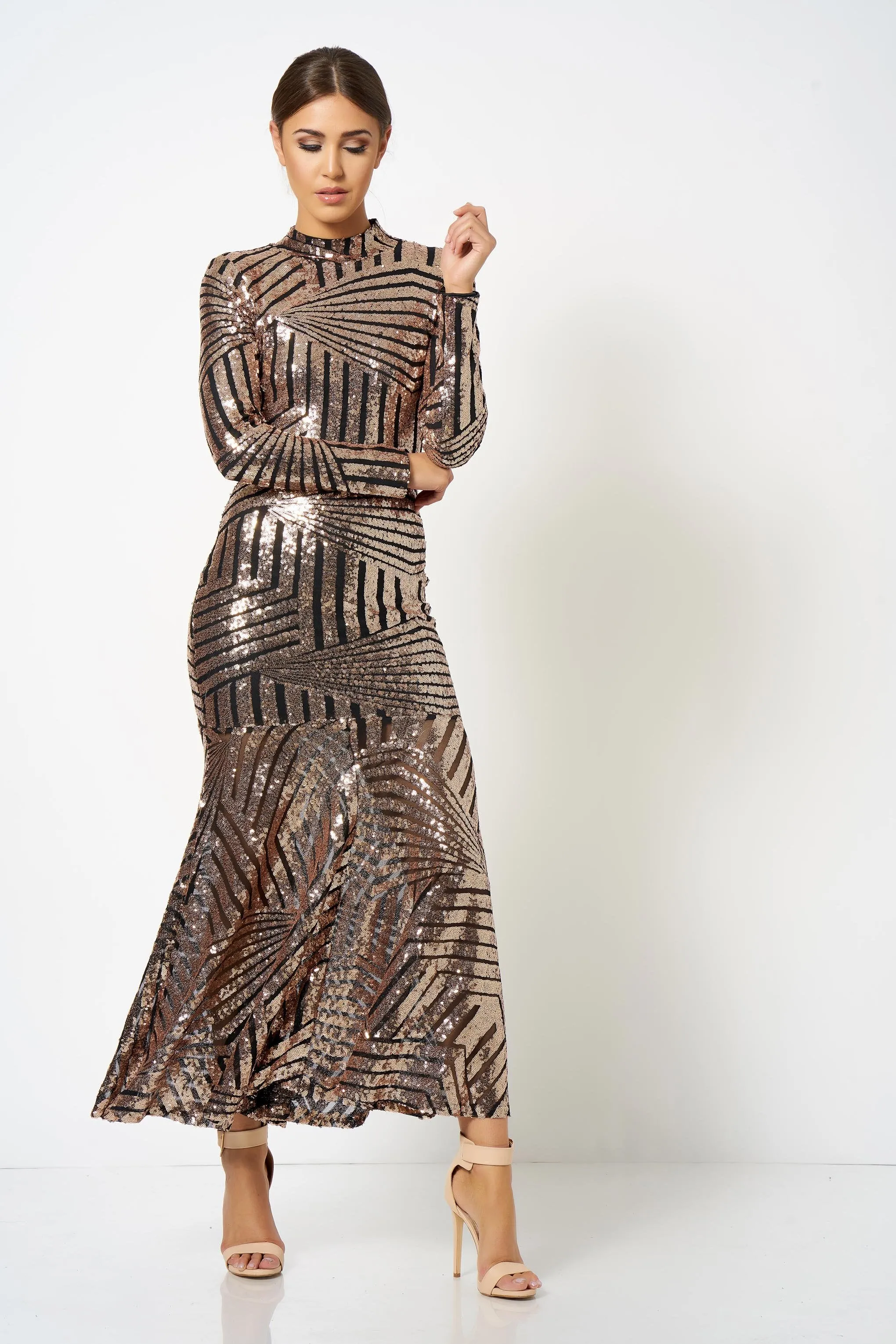 Rose Gold Geo Sequin Fishtail Maxi Dress