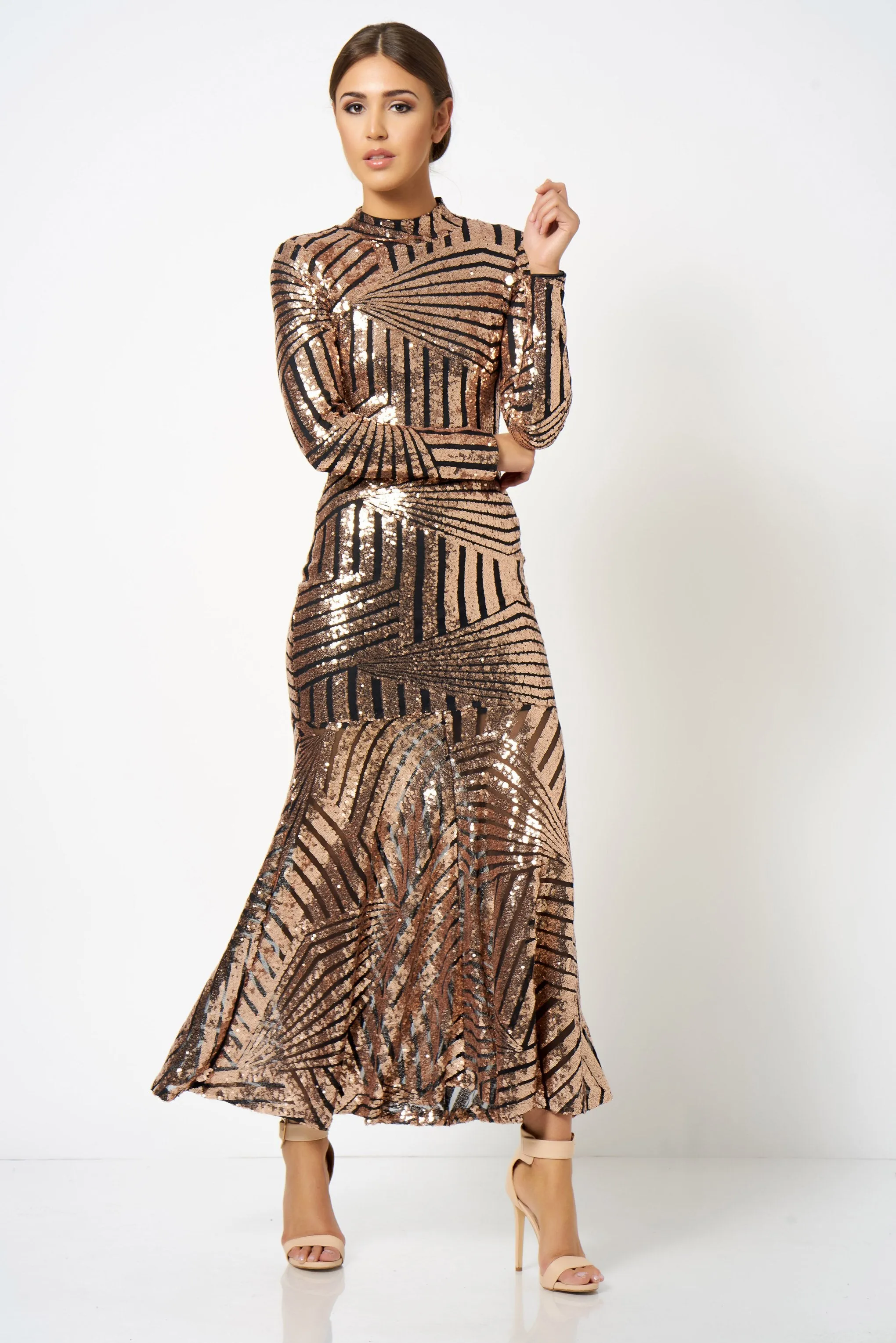 Rose Gold Geo Sequin Fishtail Maxi Dress