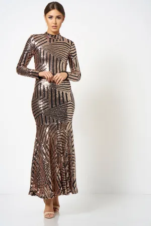 Rose Gold Geo Sequin Fishtail Maxi Dress