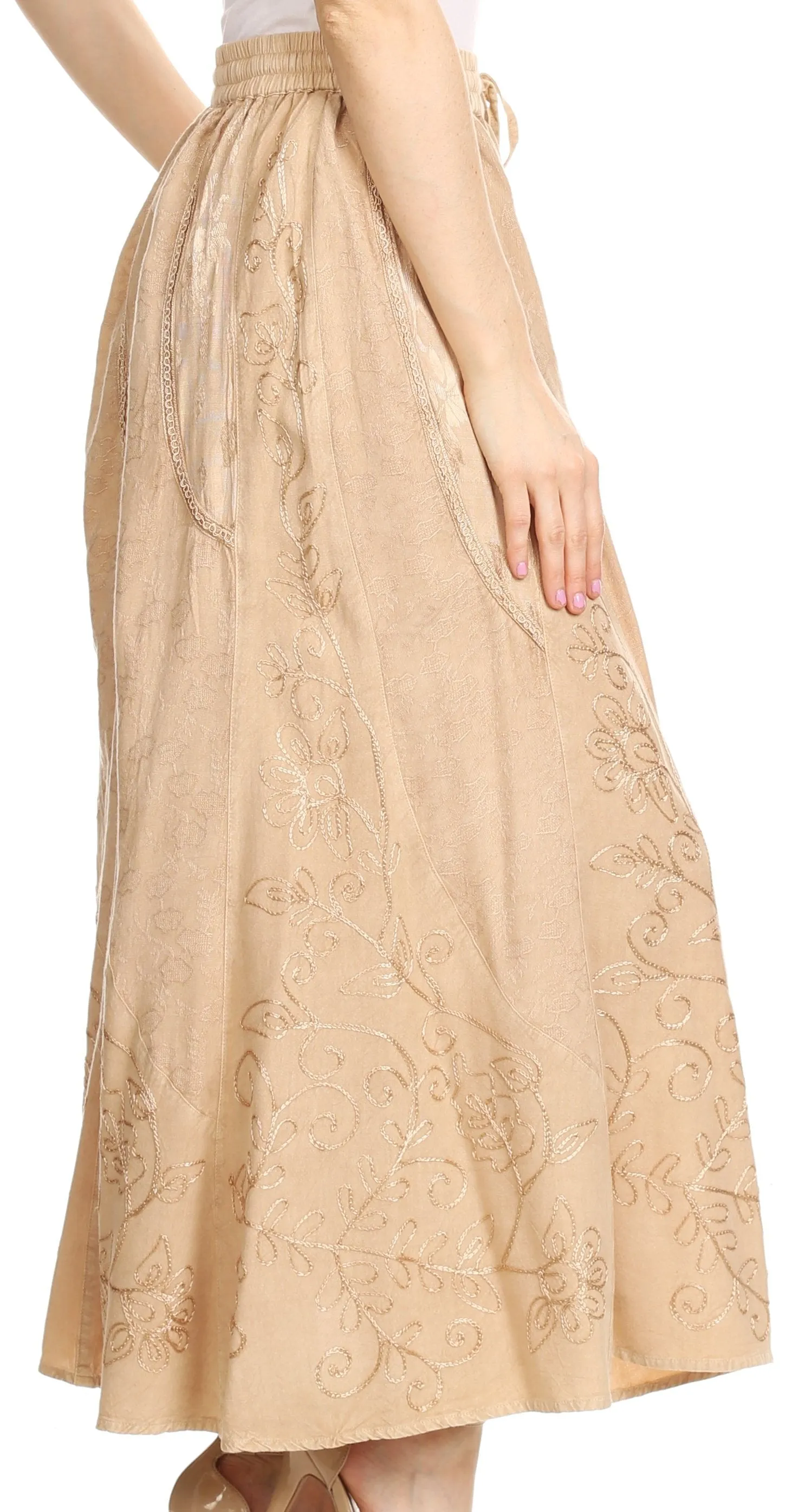 Sakkas Debora Full Length Embroidered Maxi Skirt with Adjustable Waist