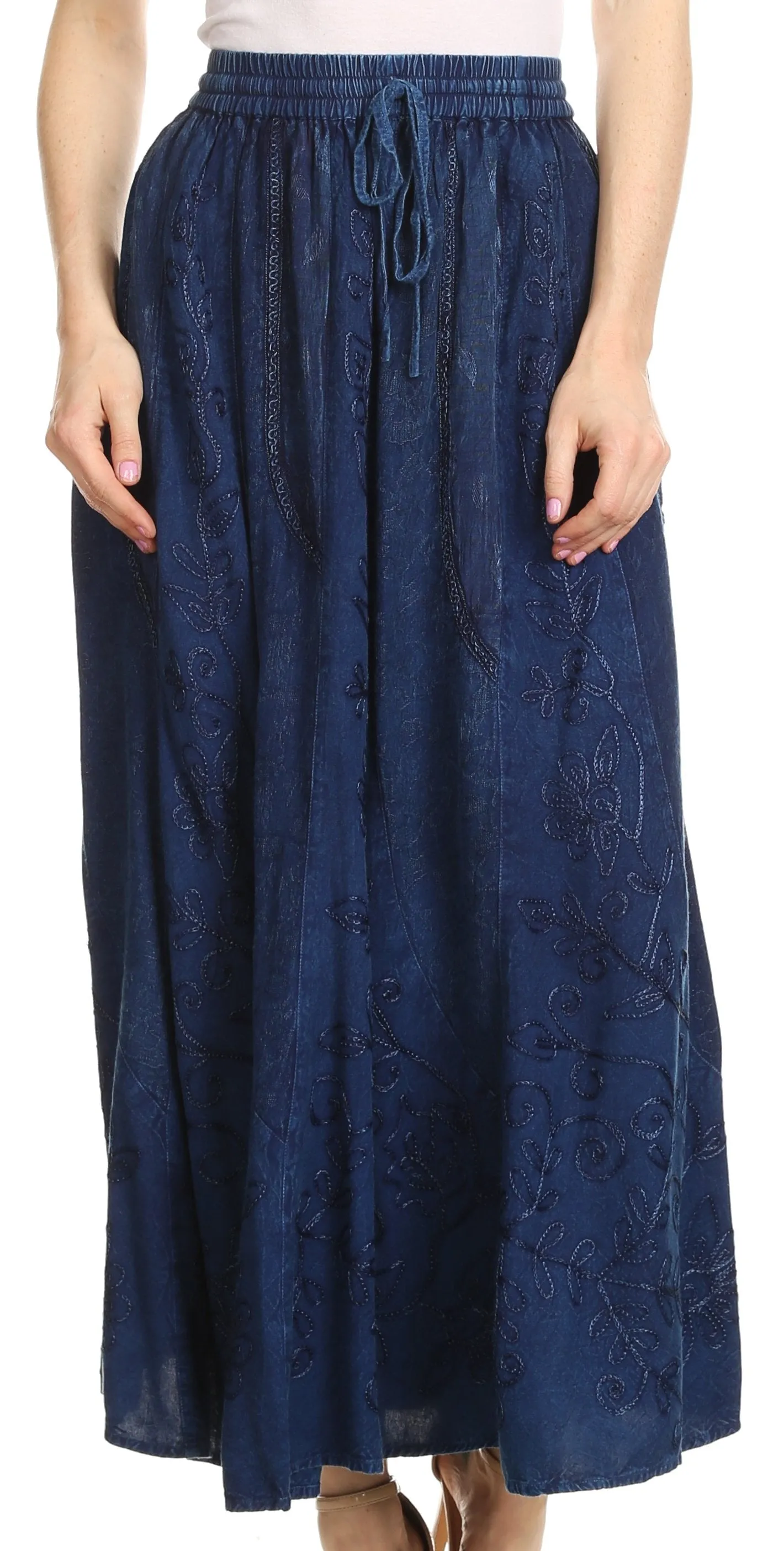 Sakkas Debora Full Length Embroidered Maxi Skirt with Adjustable Waist