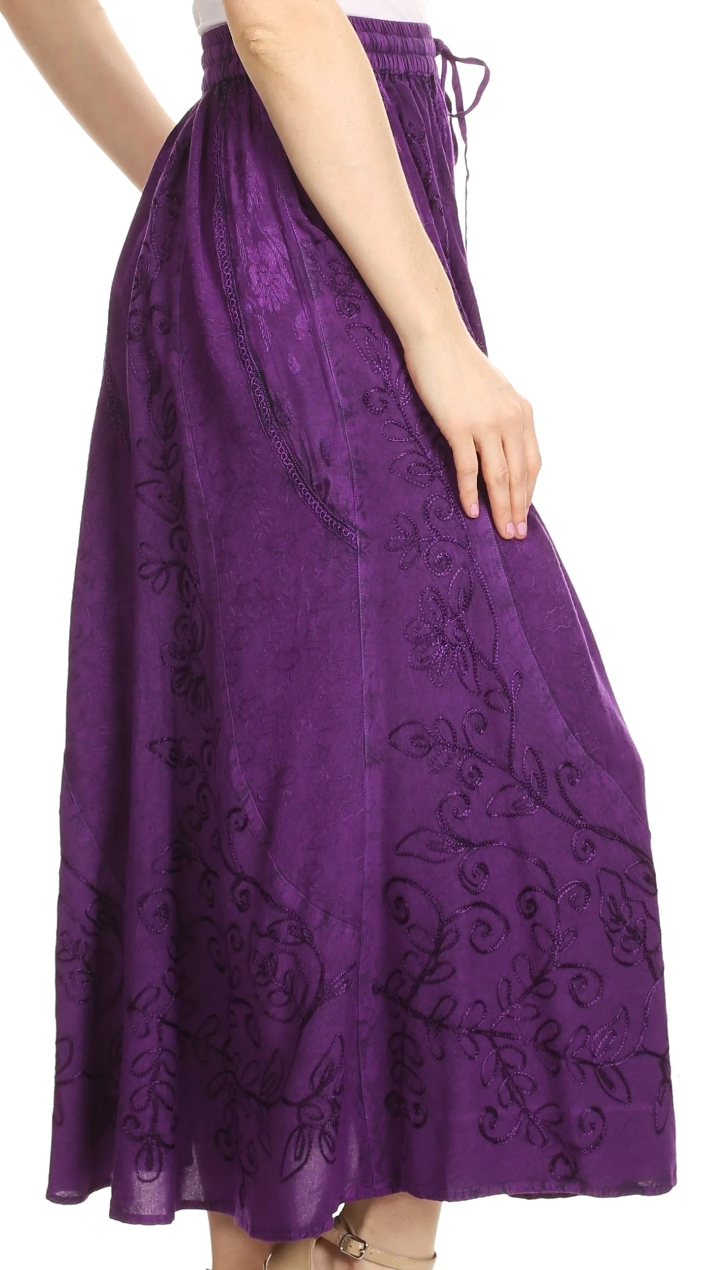 Sakkas Debora Full Length Embroidered Maxi Skirt with Adjustable Waist