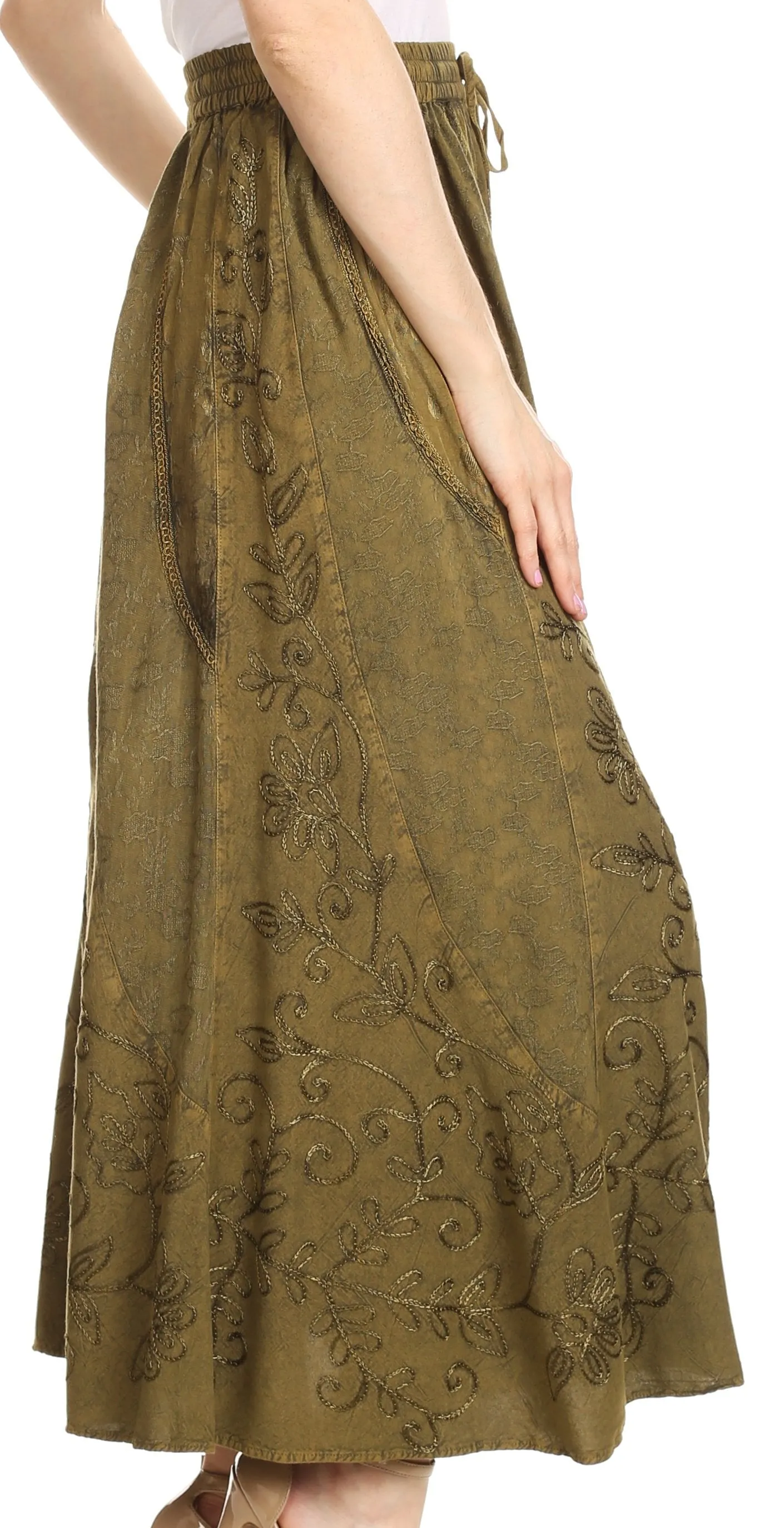 Sakkas Debora Full Length Embroidered Maxi Skirt with Adjustable Waist