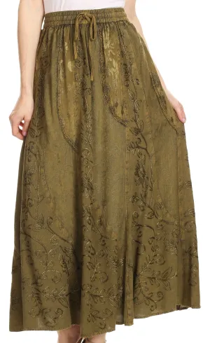 Sakkas Debora Full Length Embroidered Maxi Skirt with Adjustable Waist