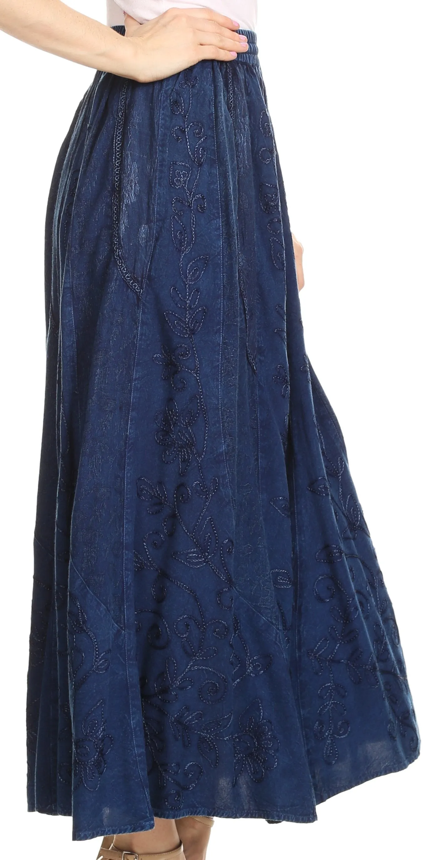 Sakkas Debora Full Length Embroidered Maxi Skirt with Adjustable Waist