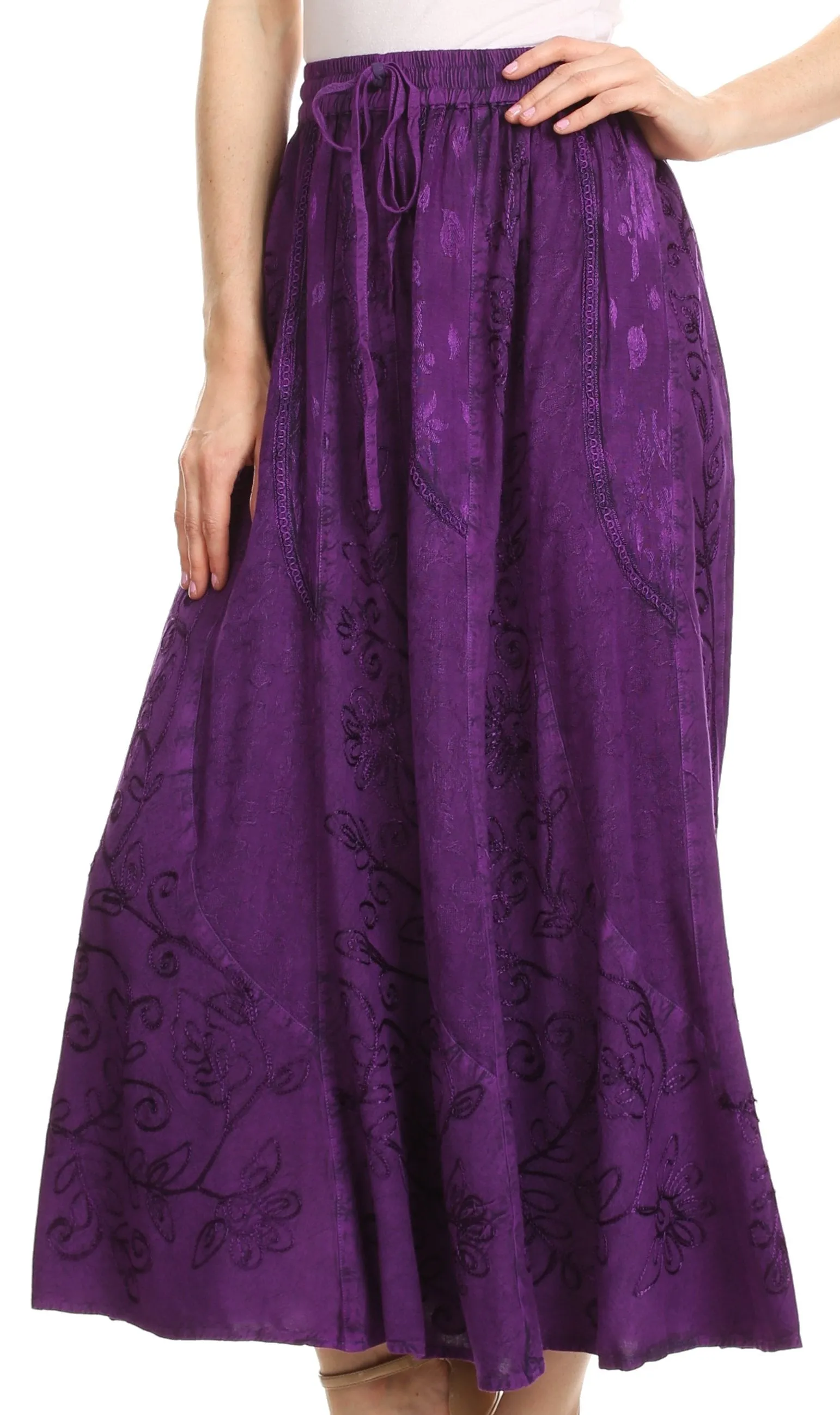 Sakkas Debora Full Length Embroidered Maxi Skirt with Adjustable Waist