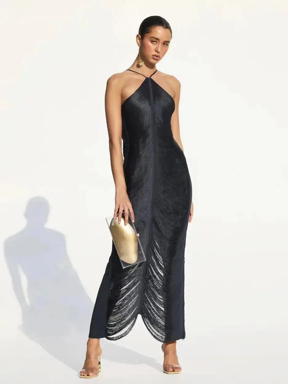 Sequin Tassel Halter Dress: Elegant Sleeveless Gown Women