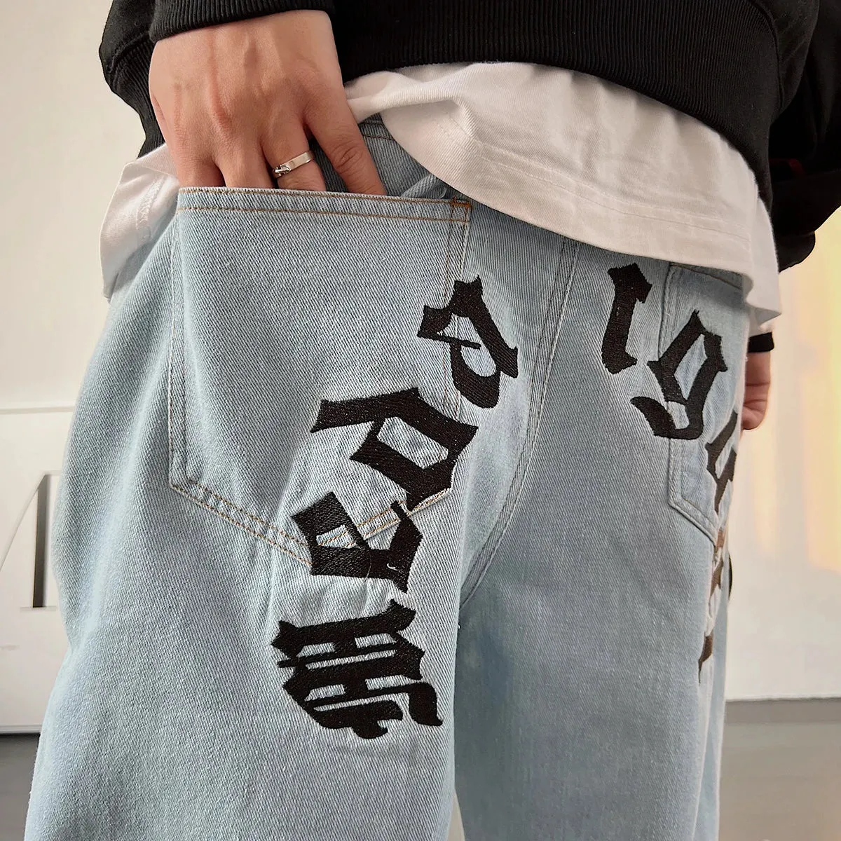 Skateboards Jeans Streetwear Straight Denim Trousers Men Casual Cargo Pants