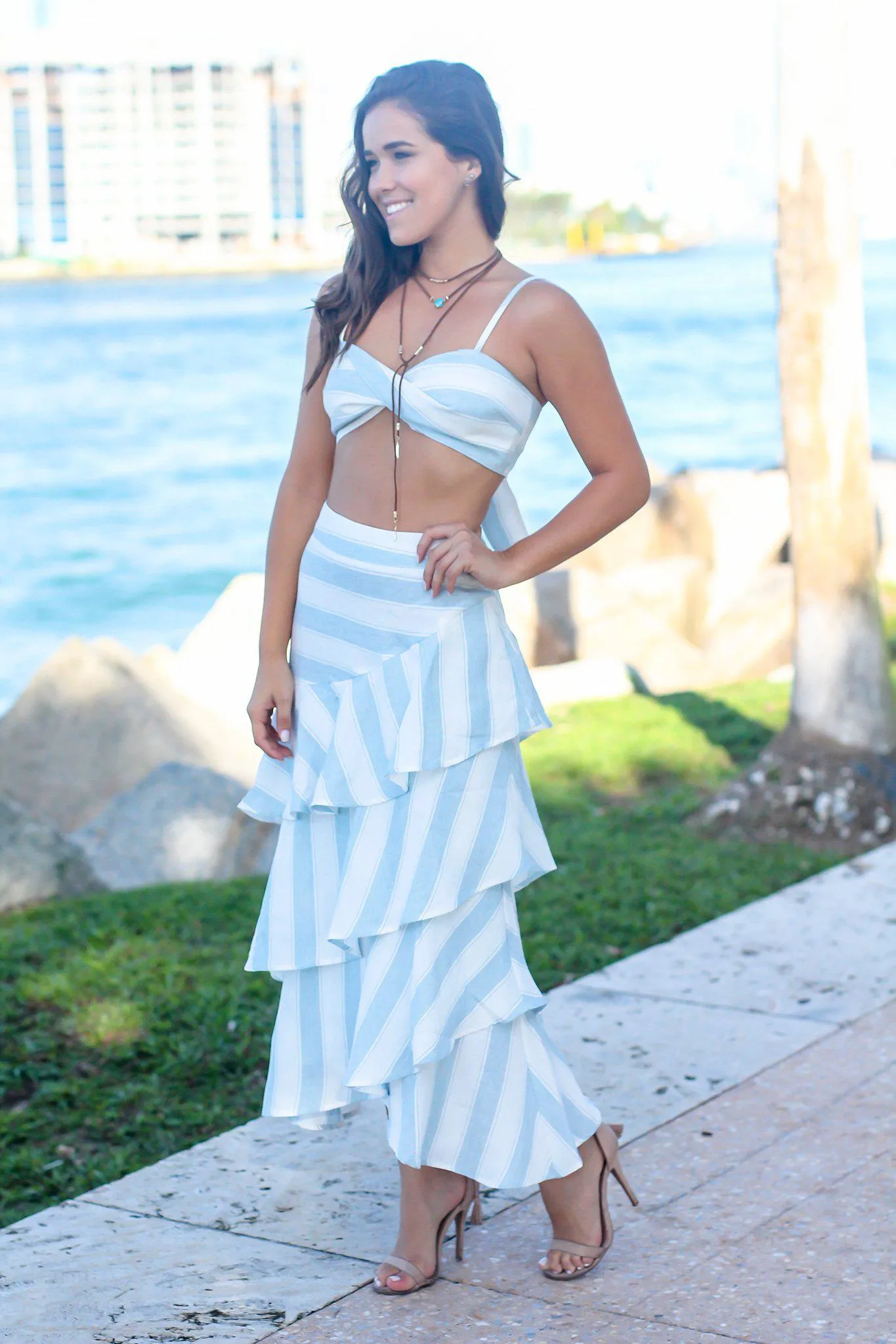 Sky Blue Striped Maxi Skirt Set