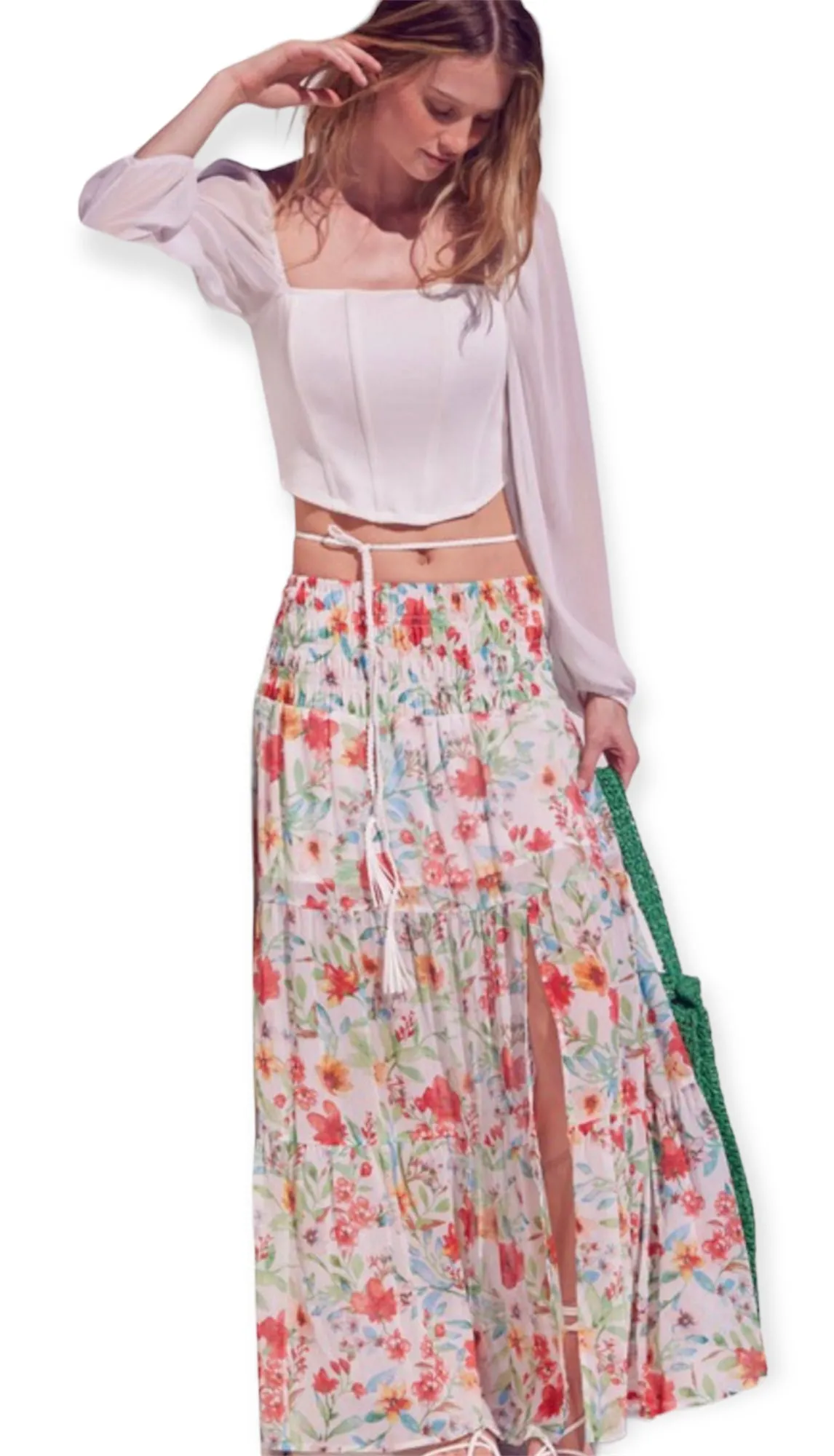 Smocked Waist Tiered Floral Chiffon Maxi Skirt