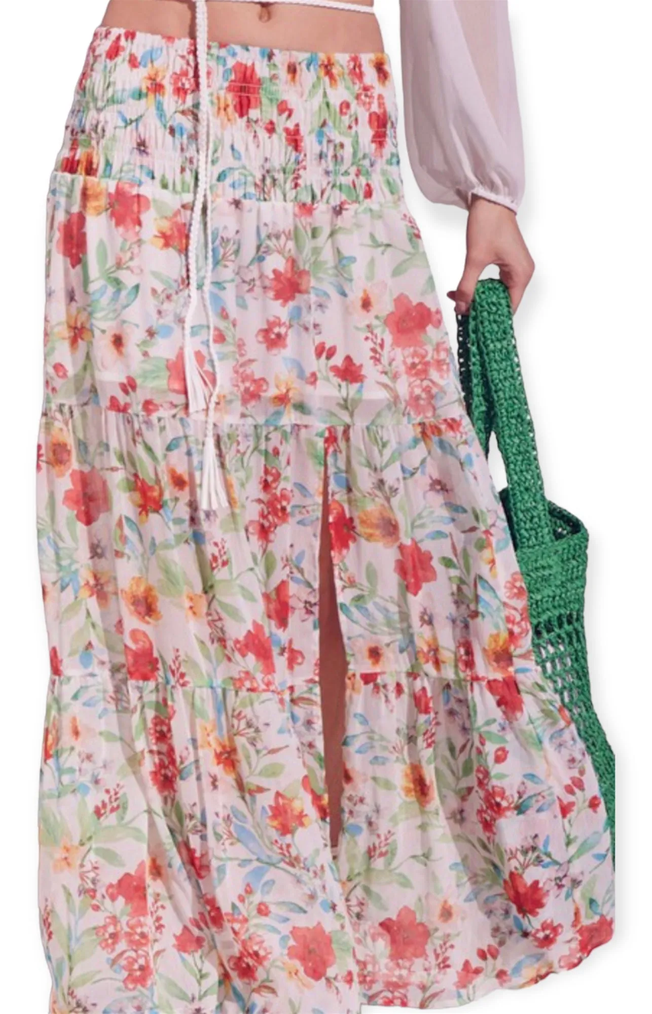 Smocked Waist Tiered Floral Chiffon Maxi Skirt