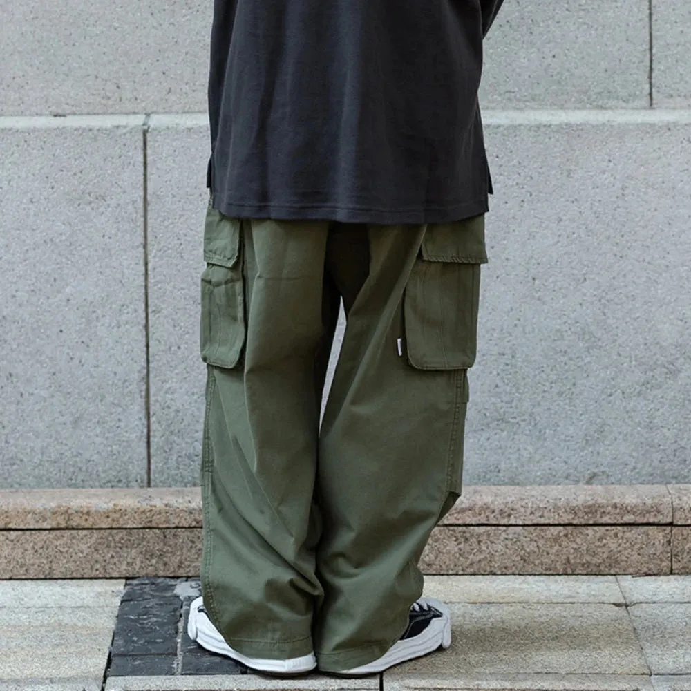 Solid Color Safari Style Cargo Pants - Pleated Loose Straight-leg